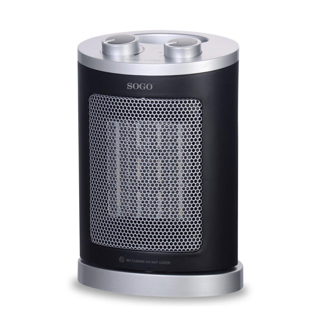 Un calefactor eléctrico SOGO negro y plateado. Tiene una rejilla frontal, perillas de control y una base plateada.