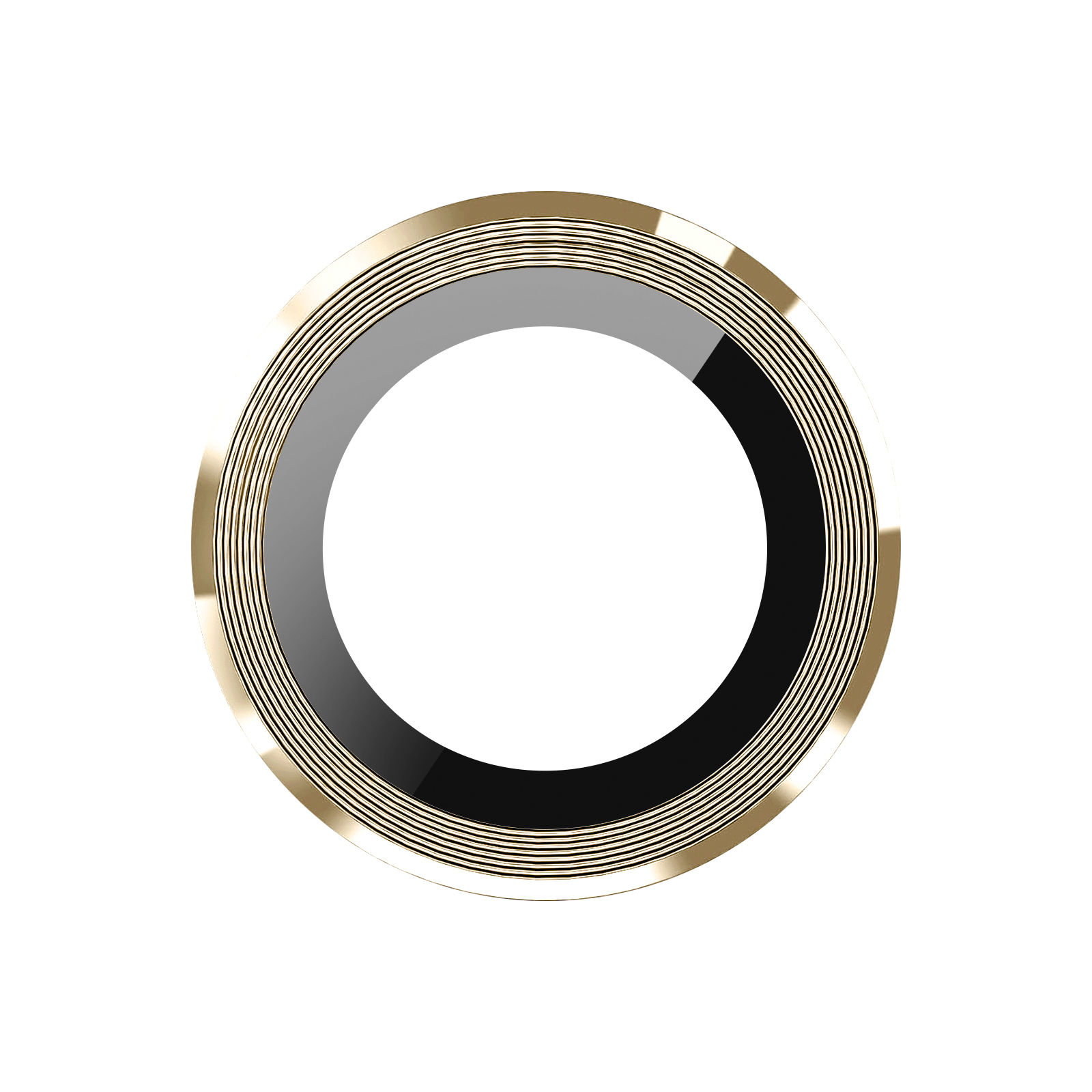 Un objeto circular con anillos dorados y negros. Un fondo blanco rodea el objeto.