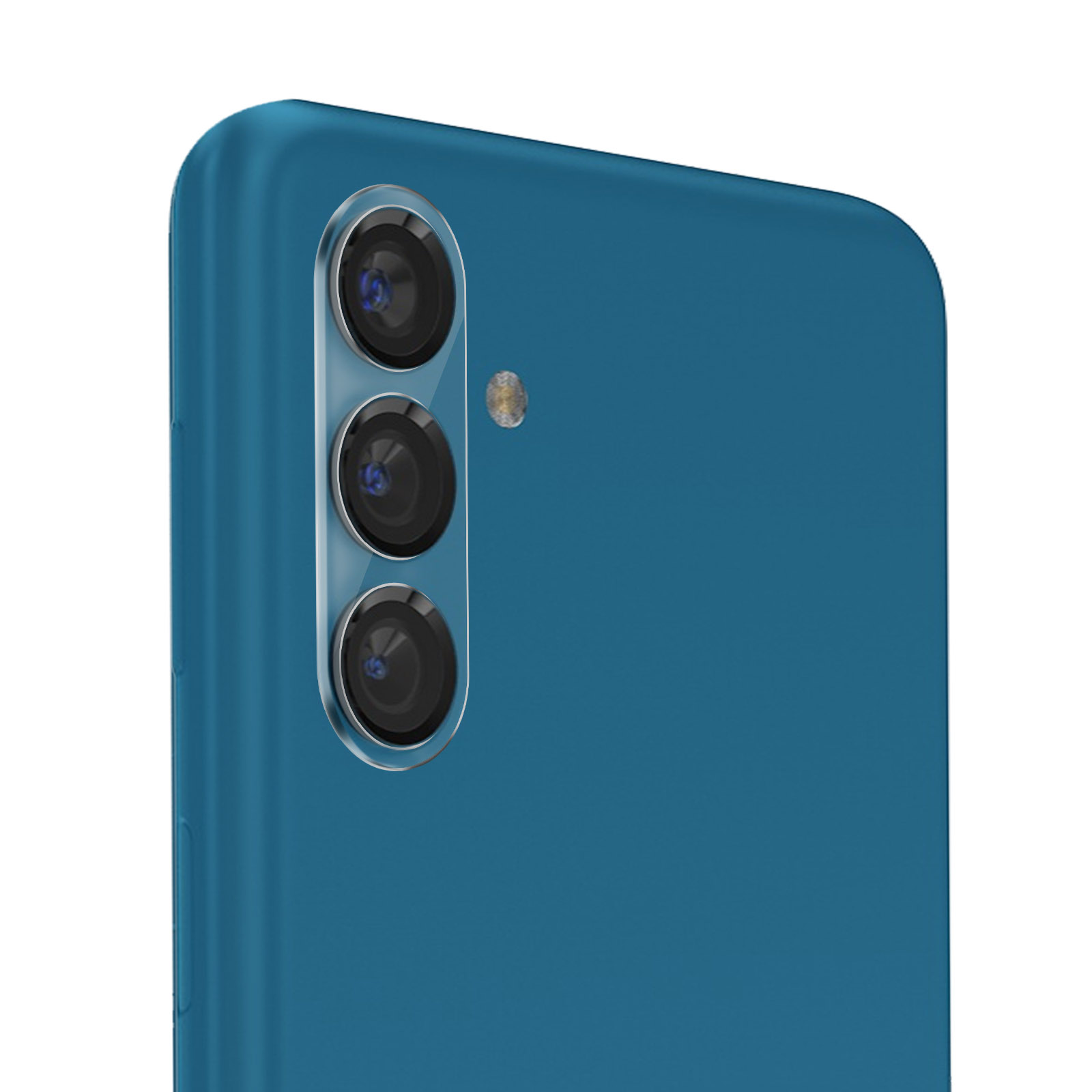 Primo piano della parte posteriore di uno smartphone blu. Sono visibili tre obiettivi della fotocamera, con un sensore di impronte digitali. Sfondo bianco.