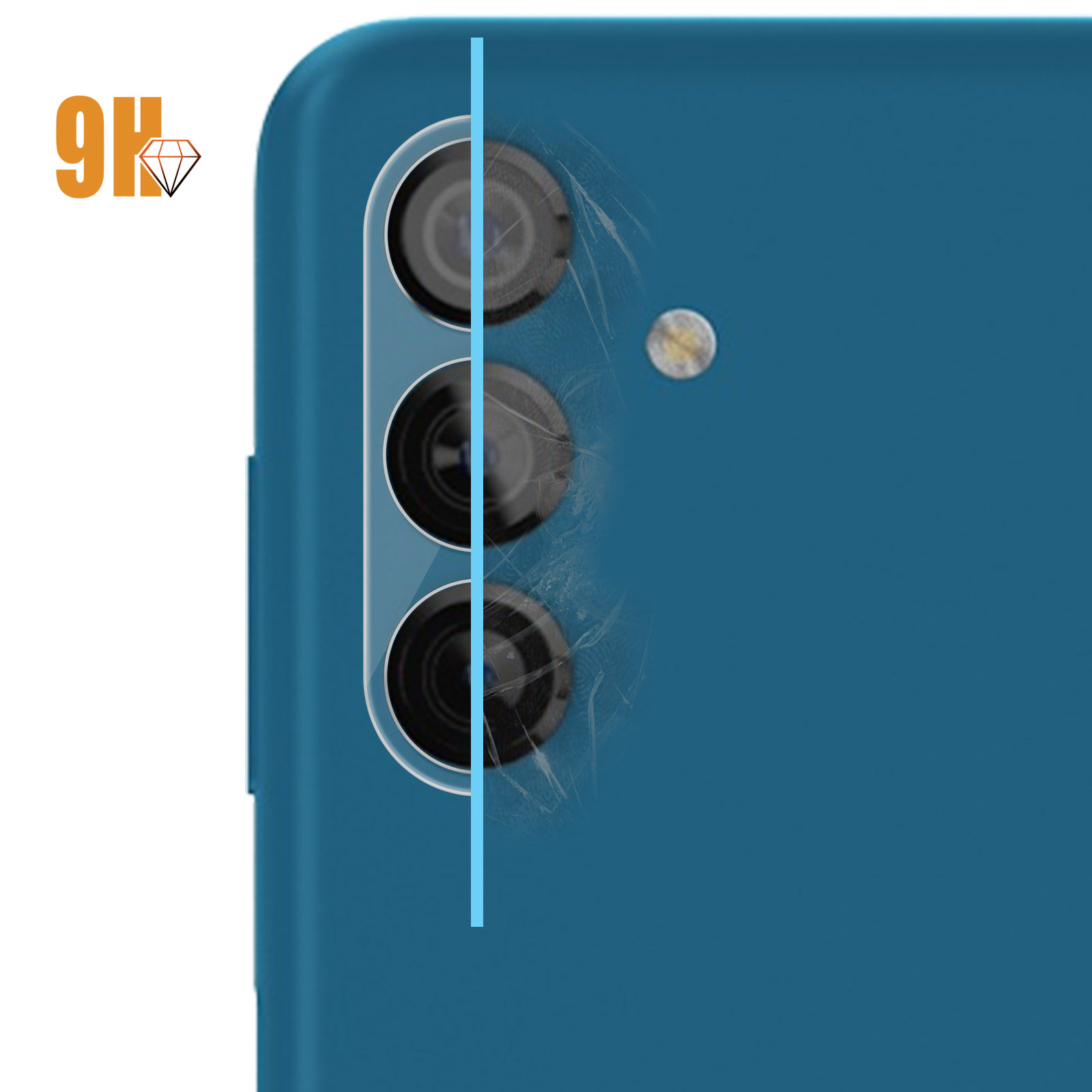 Primo piano di un telefono blu con tre obiettivi. Una linea blu divide il fotogramma. Il logo 9H è in alto a sinistra.