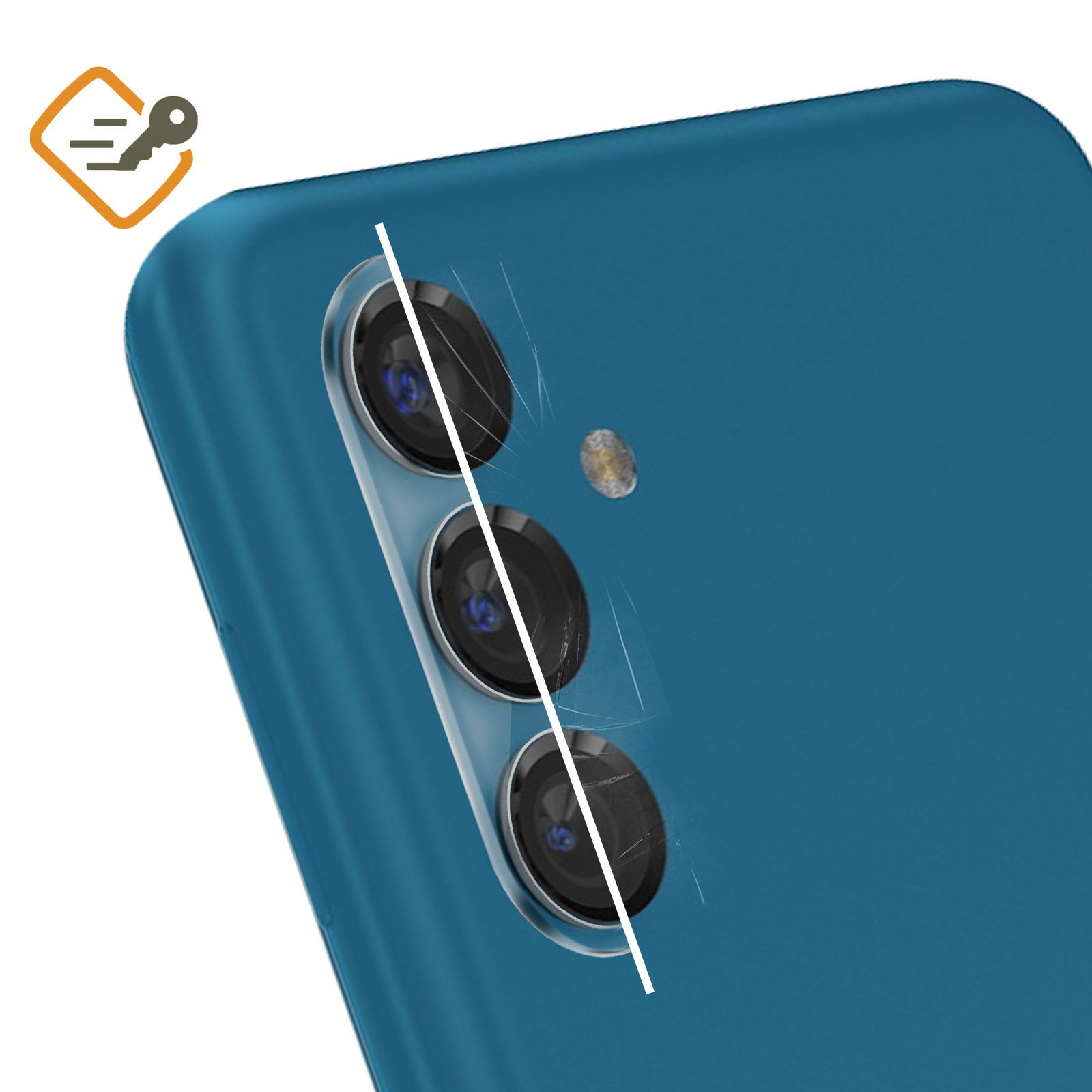 Retro di smartphone con tre obiettivi, sensore di impronte digitali e icona chiave. Il telefono è verde acqua, con una linea bianca sovrapposta.