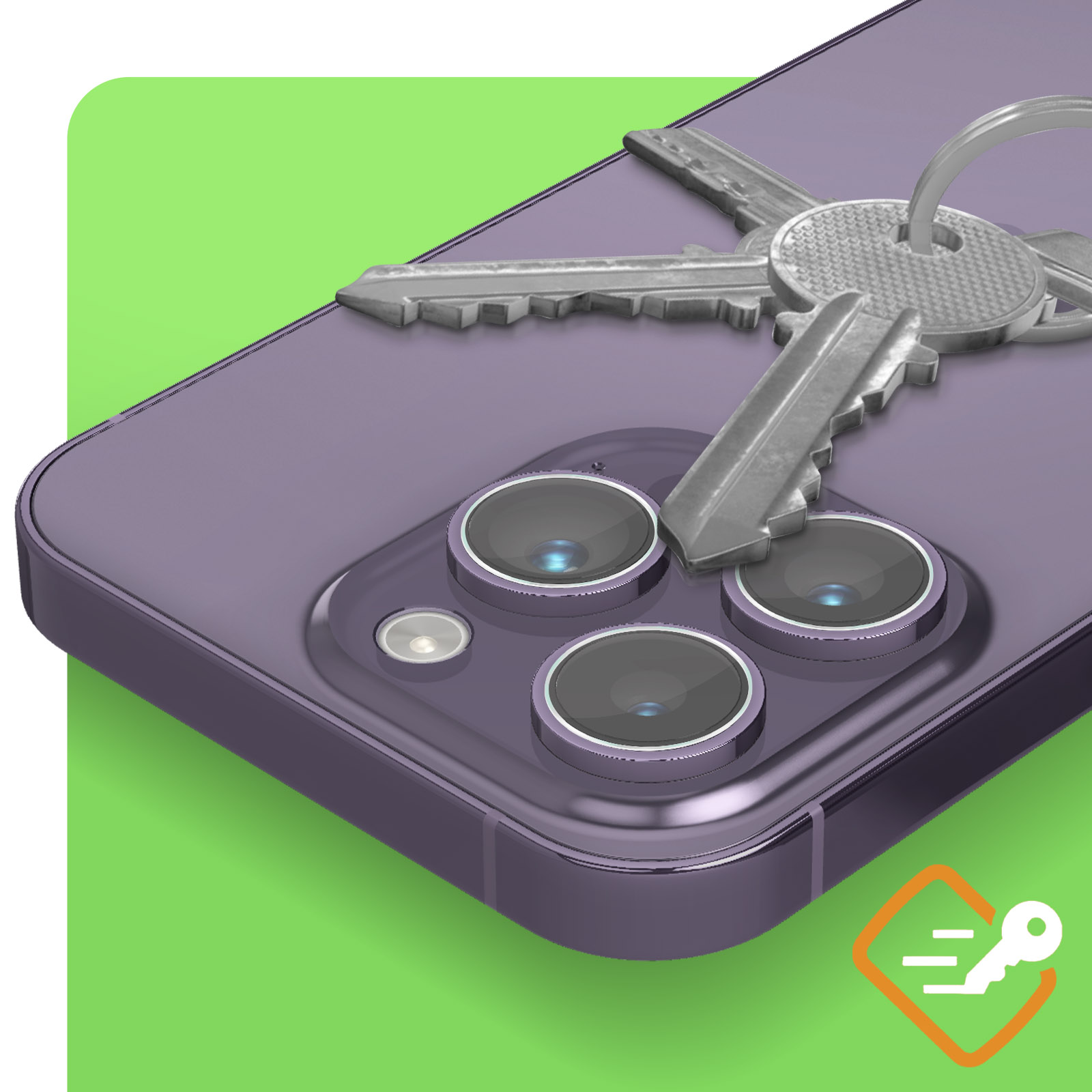Un telefono viola con chiavi sopra uno sfondo verde. Il telefono ha tre obiettivi.