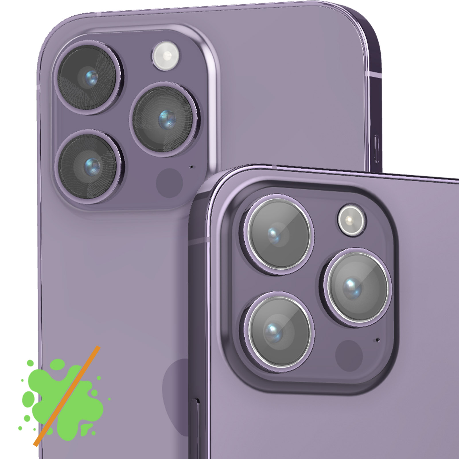 Due smartphone viola con più lenti della fotocamera. Uno è in primo piano. Una macchia verde con una linea arancione è nell'angolo.