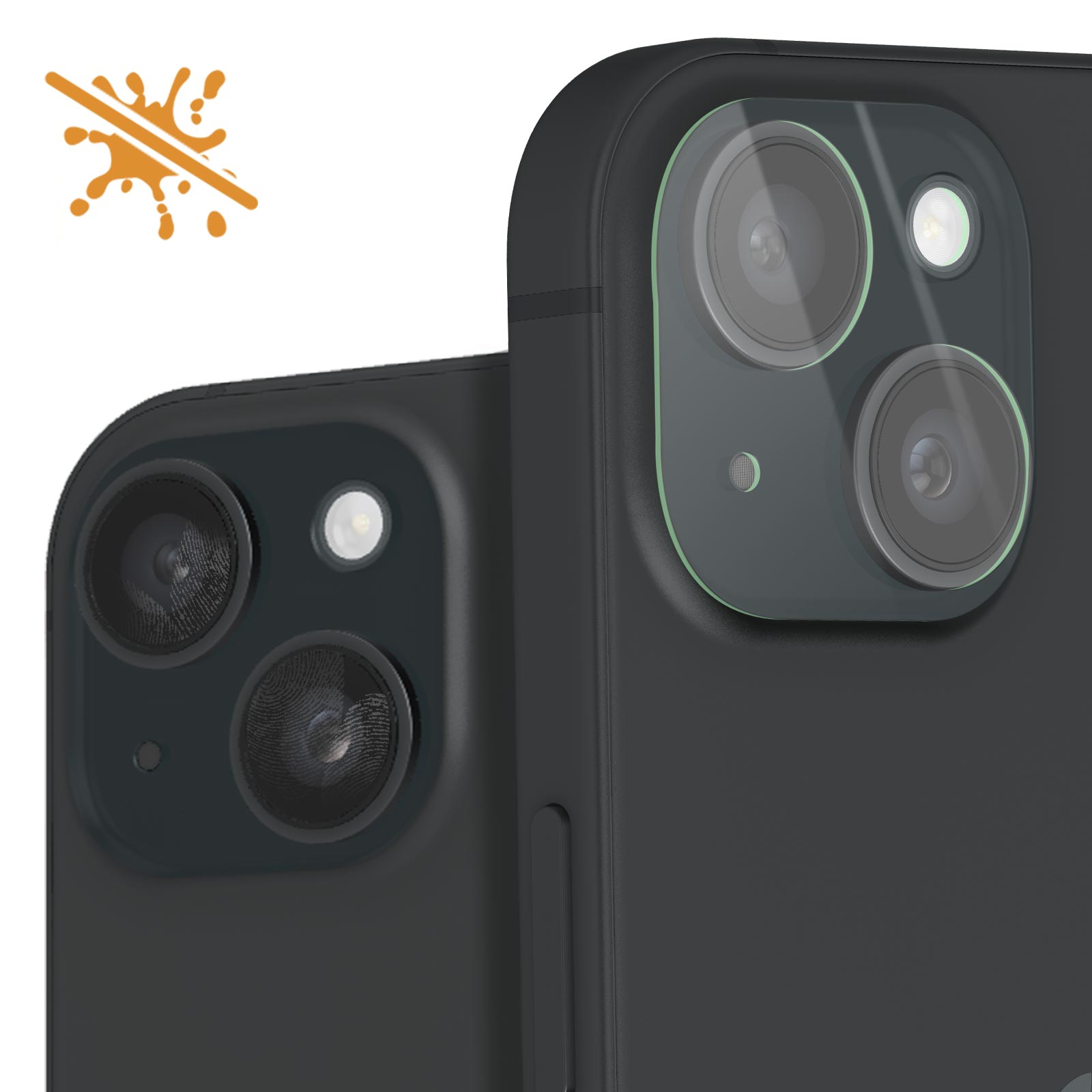 Primo piano di due smartphone neri. L'attenzione è sulle lenti della fotocamera, con un'icona di spruzzo in alto a sinistra.