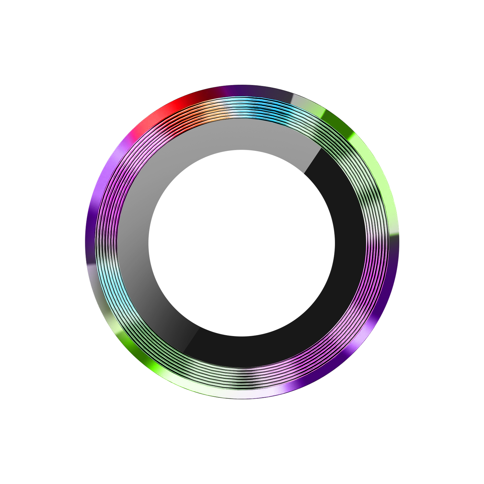 Design circolare con strati di colori: rosso, viola, verde e nero. Un cerchio bianco al centro, sfondo bianco.