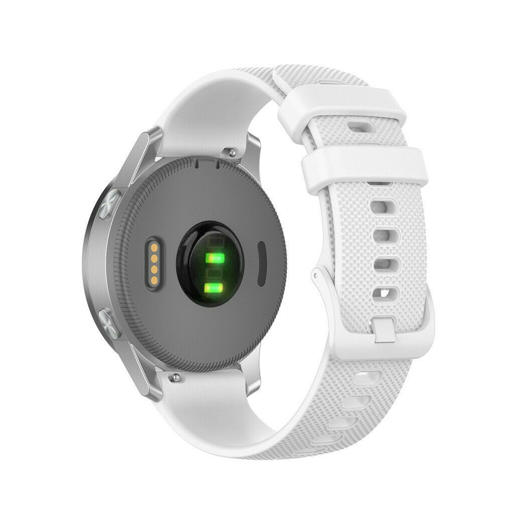 Eine weiße Smartwatch mit weißem Armband wird angezeigt. Die Uhr hat ein graues Gehäuse und einen schwarzen Rücken mit einem grünen Licht.