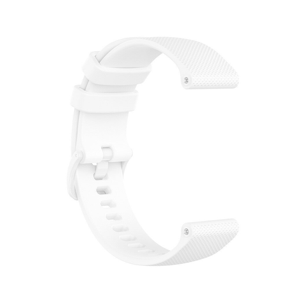 Ein weißes Smartwatch-Armband. Es ist C-förmig und aus Silikon. Das Armband hat Löcher zur Anpassung und eine strukturierte Oberfläche.