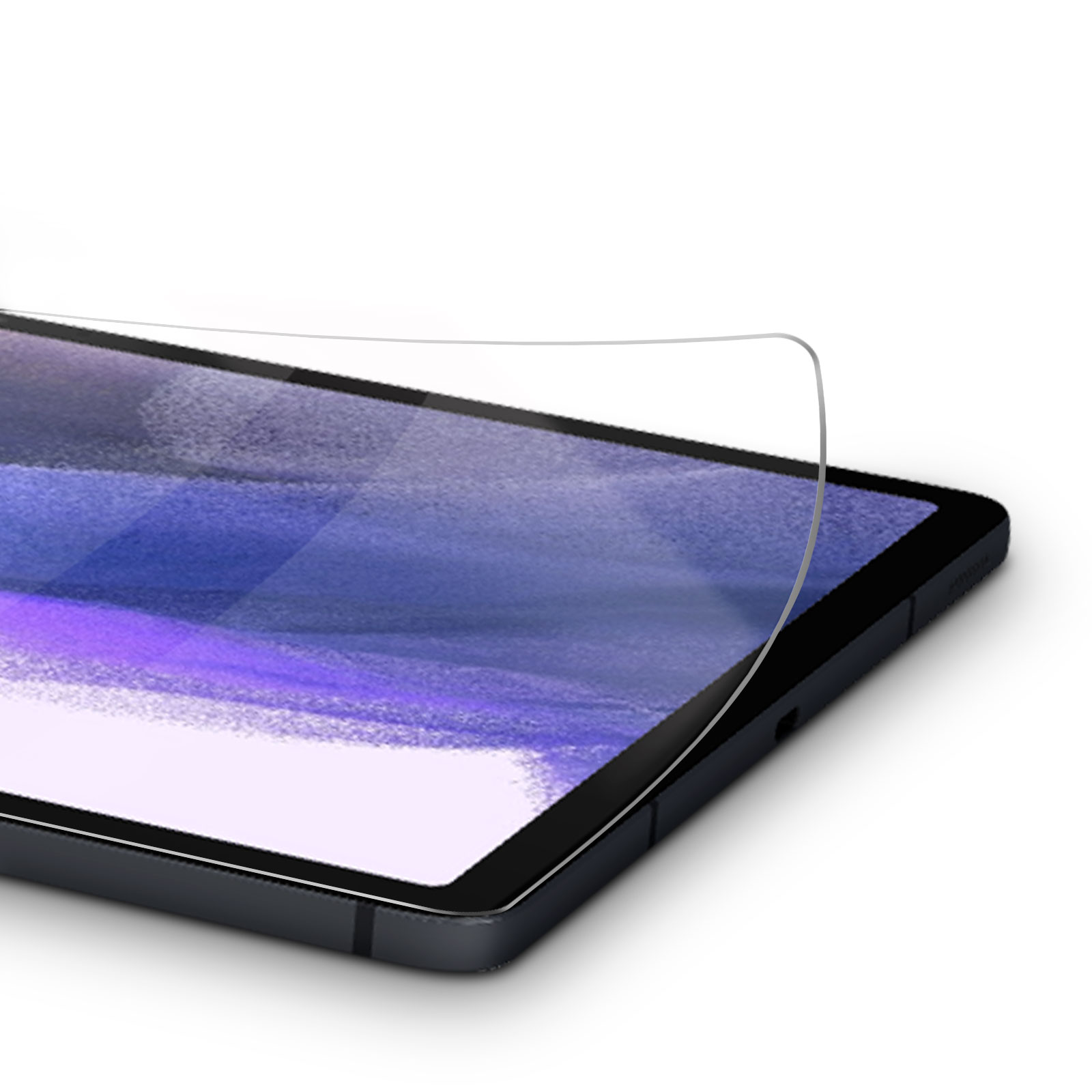 Un tablet nero con una protezione per lo schermo applicata. Lo schermo mostra motivi viola e blu simili ad acquerelli su sfondo bianco.