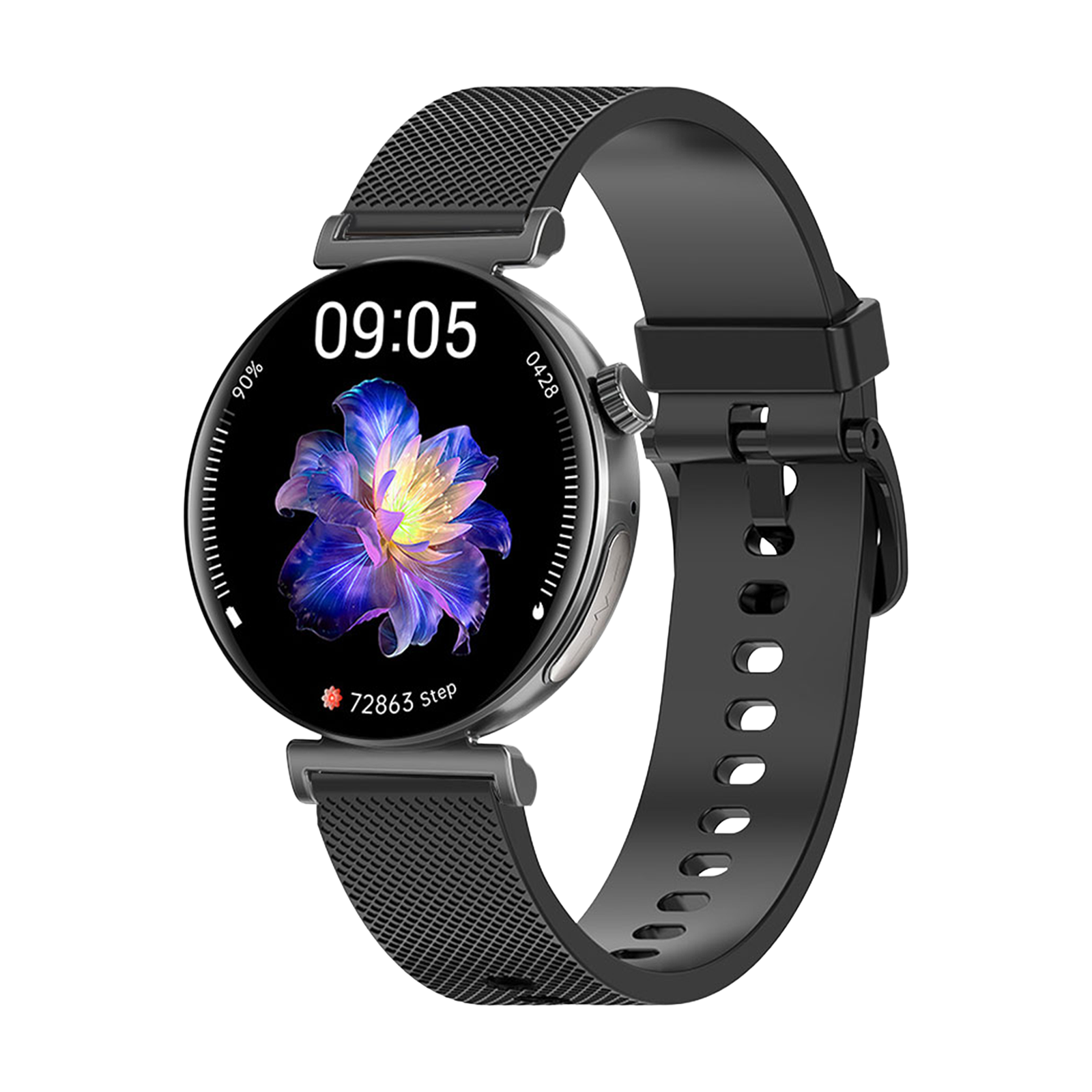 Eine Smartwatch mit schwarzem Armband und rundem Bildschirm, der Zeit, eine Blume und Schritte anzeigt. Die Zeit ist 09:05.