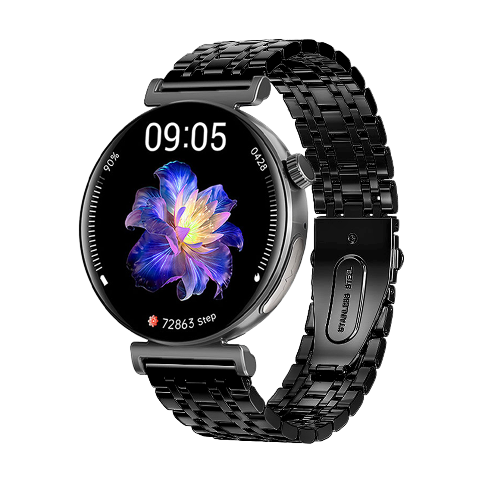 Schwarze Smartwatch mit schwarzem Metallarmband. Das Zifferblatt zeigt die Uhrzeit 9:05 und ein Blumenbild.