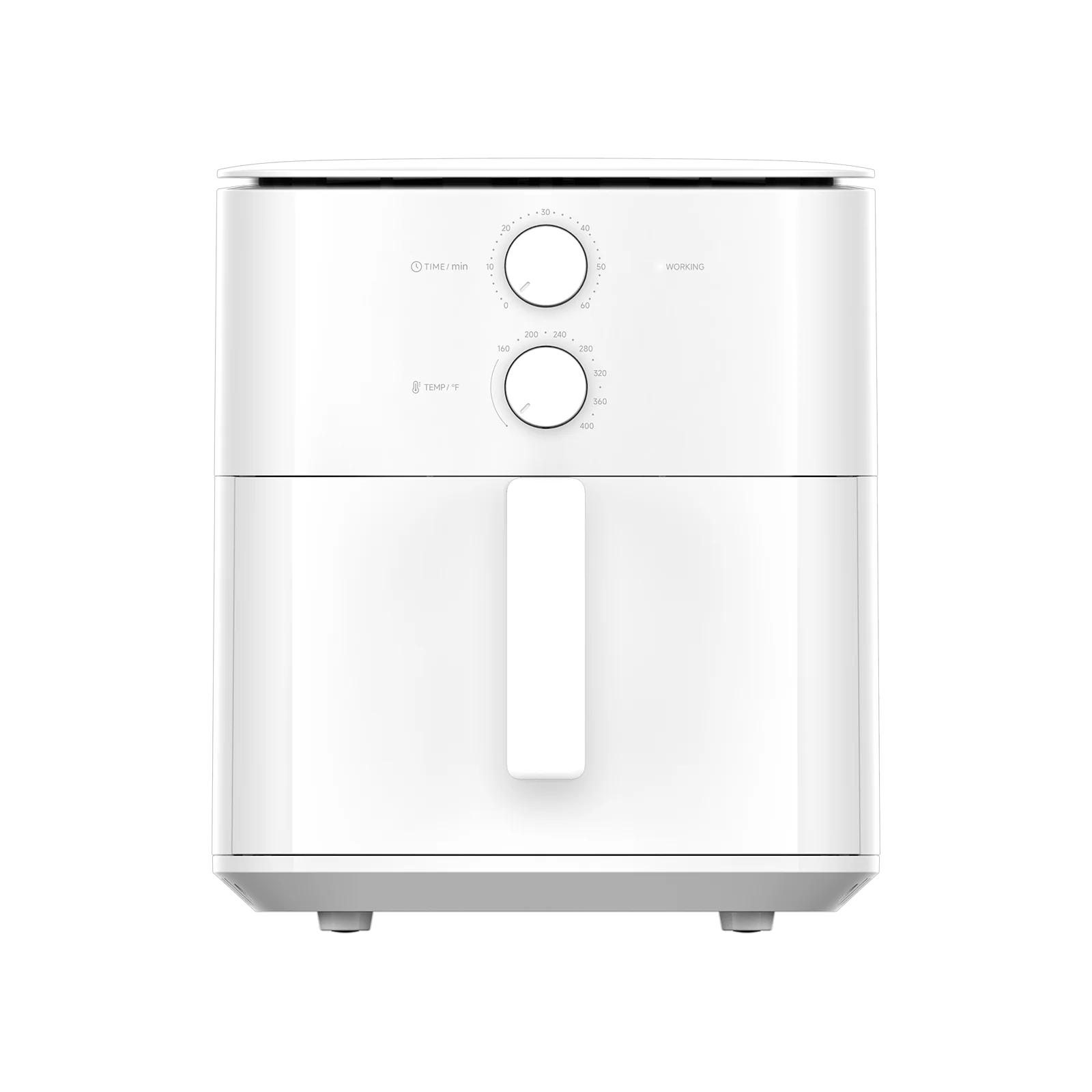 Biała frytkownica powietrzna z dwoma pokrętłami do ustawiania czasu i temperatury. Ma uchwyt i stoi na białej powierzchni.