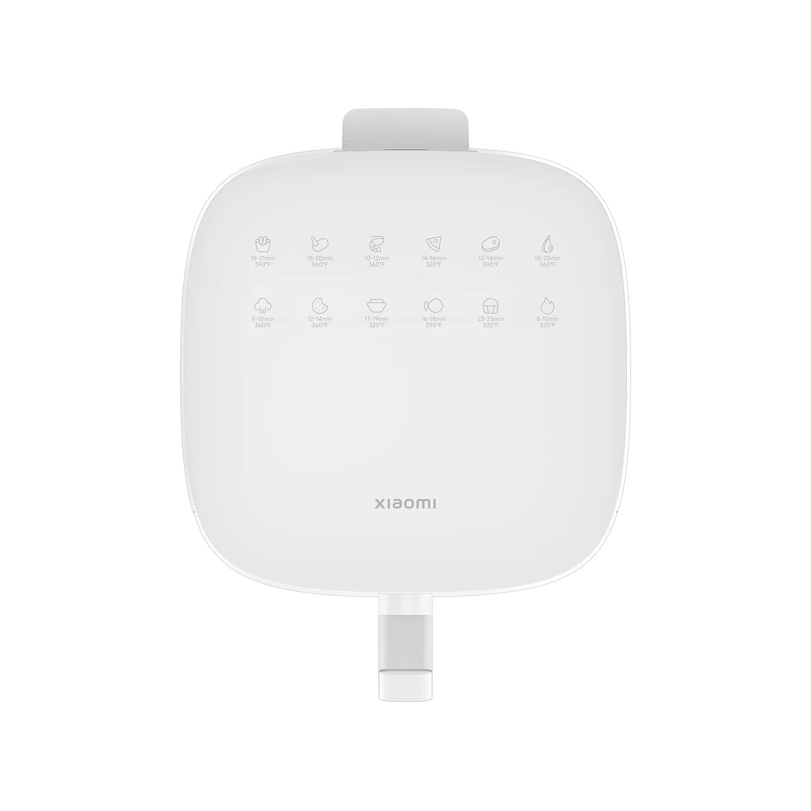 Biała frytkownica beztłuszczowa z panelem sterowania wyświetlającym czasy i temperatury gotowania. Marka to Xiaomi.