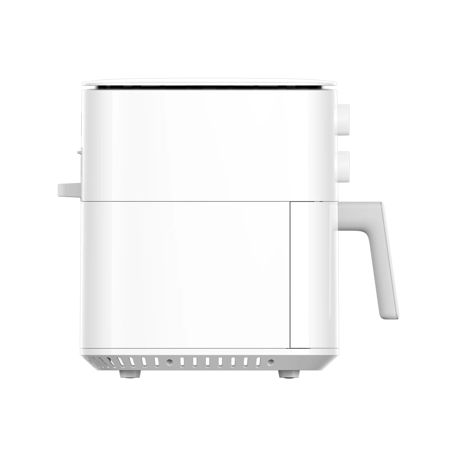 Biała frytownica powietrzna na białym tle. Ma uchwyt, przyciski i wentylację. Urządzenie jest czyste i nowoczesne.