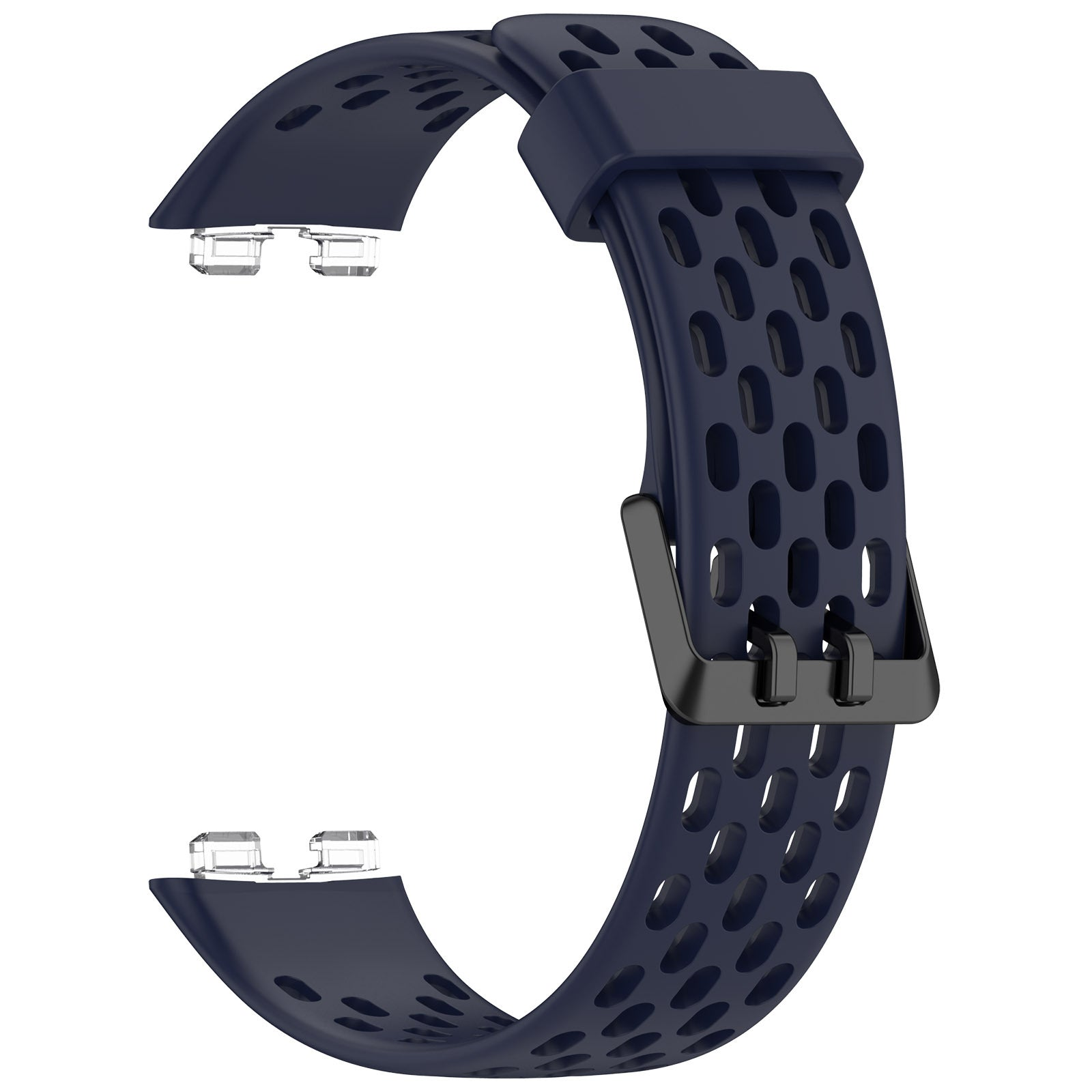 Dunkelblaues Armband mit Perforationen und schwarzer Schnalle. Das Band ist gebogen und zeigt Design und Textur.