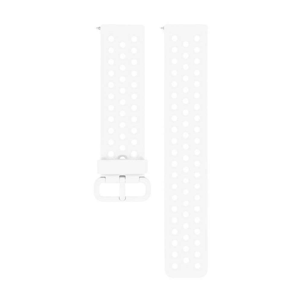 Zwei weiße Uhrenarmbänder mit gepunkteten Löchern. Ein Band hat eine Schnalle. Alles vor weißem Hintergrund.