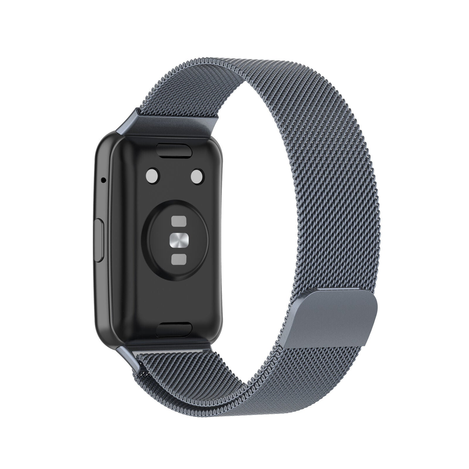 Eine schwarze Smartwatch mit grauem Mesh-Armband wird vor weißem Hintergrund gezeigt. Das Band bildet eine Schleife.