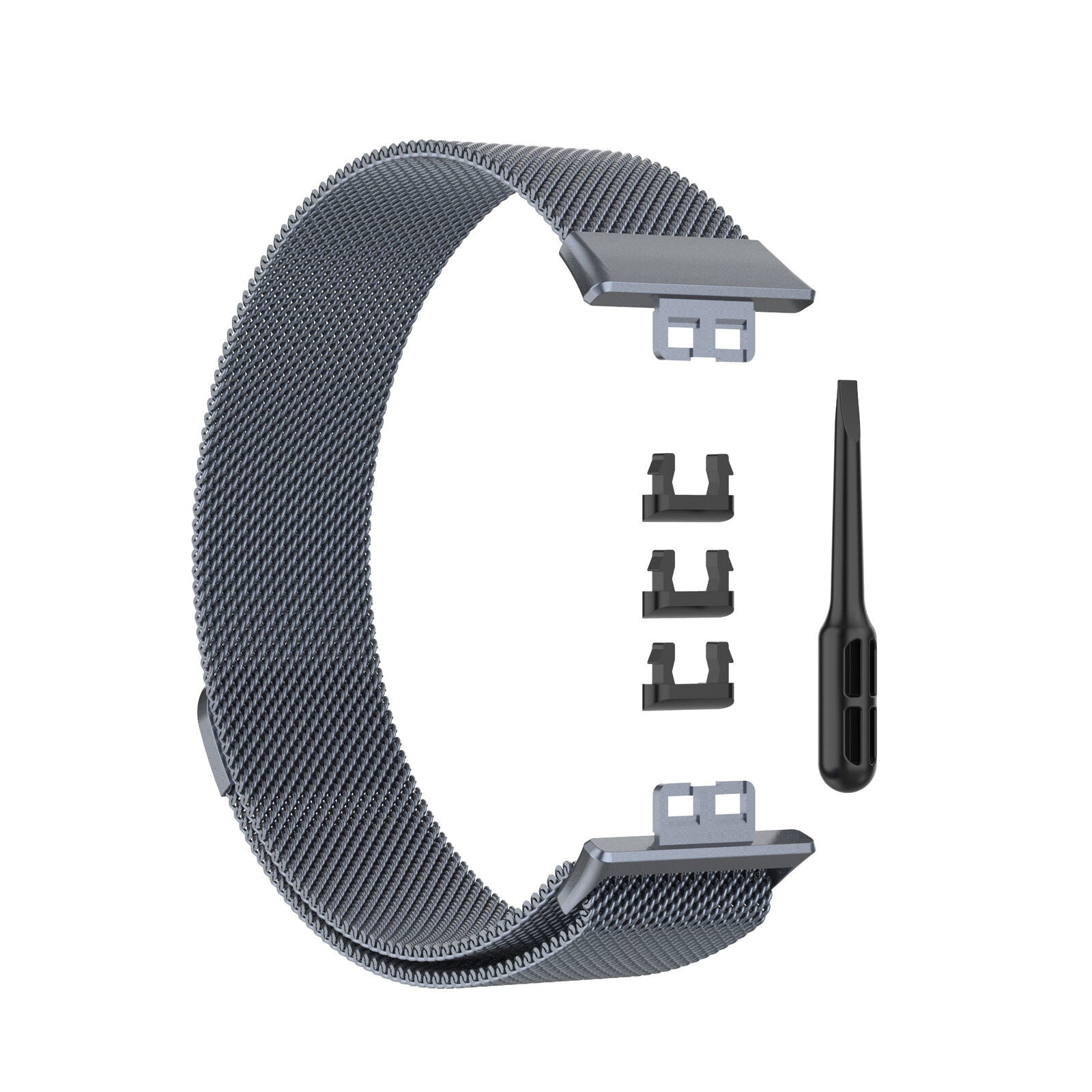Graues Metall-Armband mit Mesh-Design, zusammen mit mehreren kleinen schwarzen Befestigungsteilen und einem schwarzen Werkzeug.