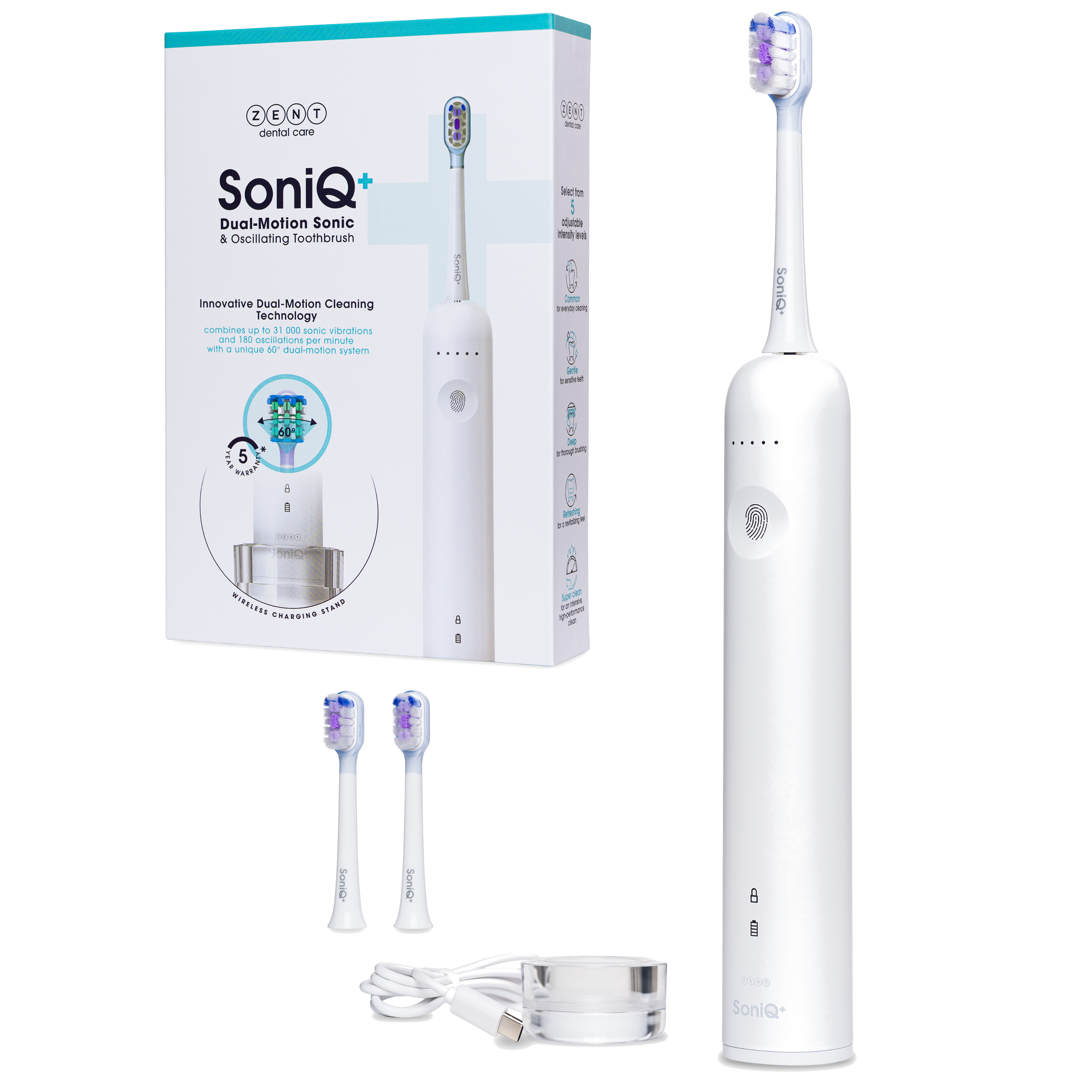 Biała szczoteczka elektryczna SoniQ+ z zapasowymi końcówkami, stacją ładującą i pudełkiem. Widoczna nazwa marki.
