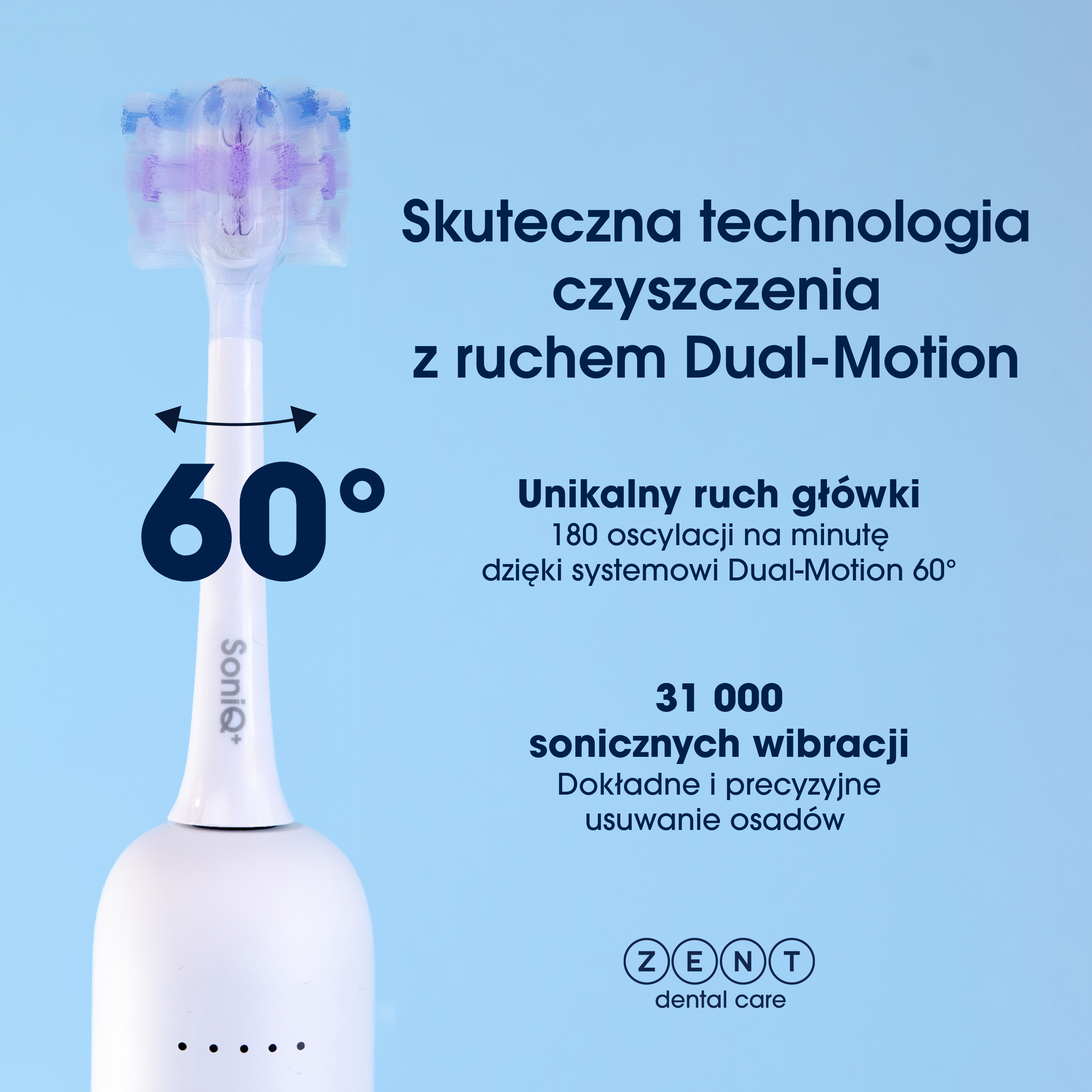 Szczoteczka elektryczna z białym uchwytem i fioletowo-niebieską główką, z opisem na niebieskim tle.