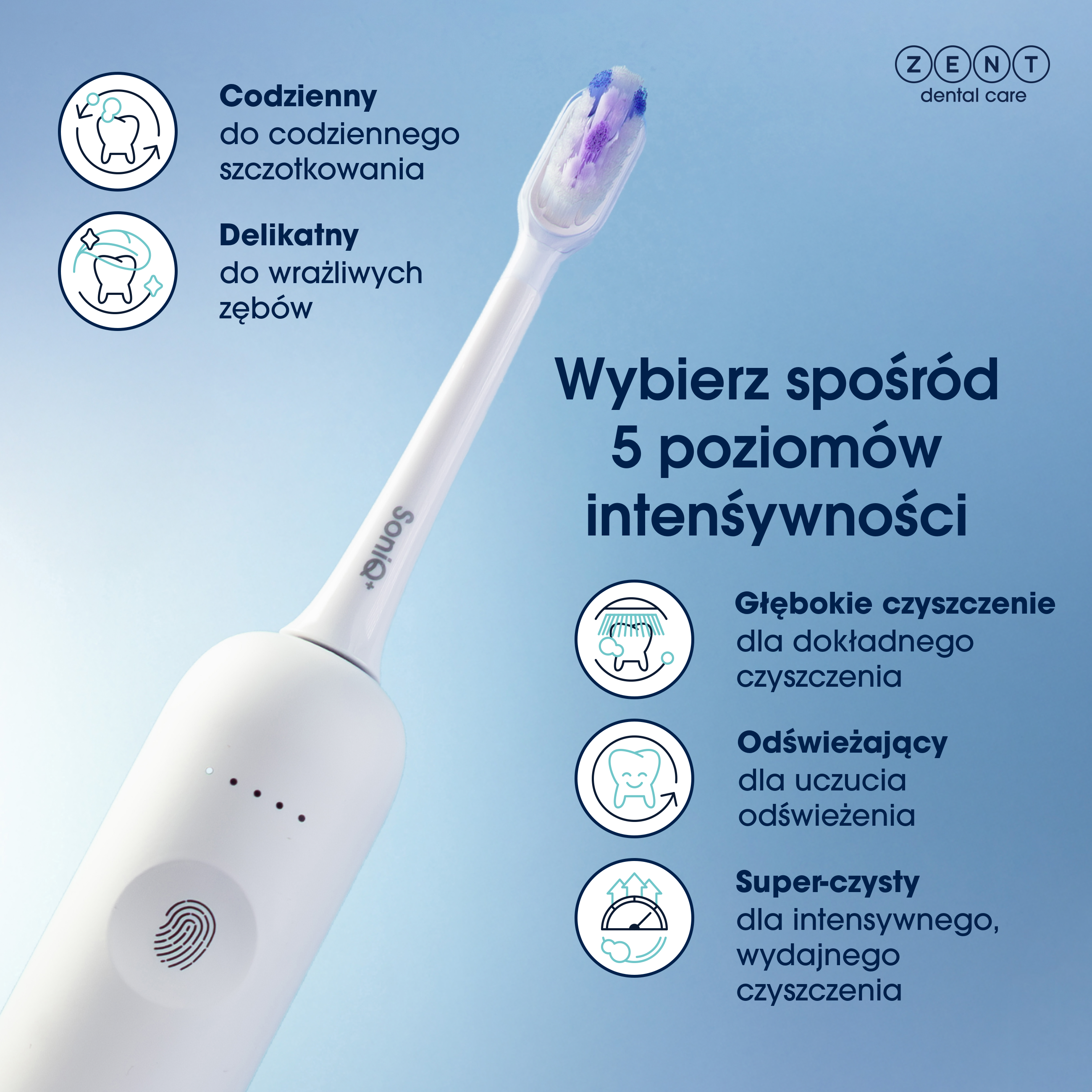 Elektryczna szczoteczka do zębów, biała, z niebiesko-fioletowym włosiem, na niebieskim tle. Widoczne są również tekst i logo.
