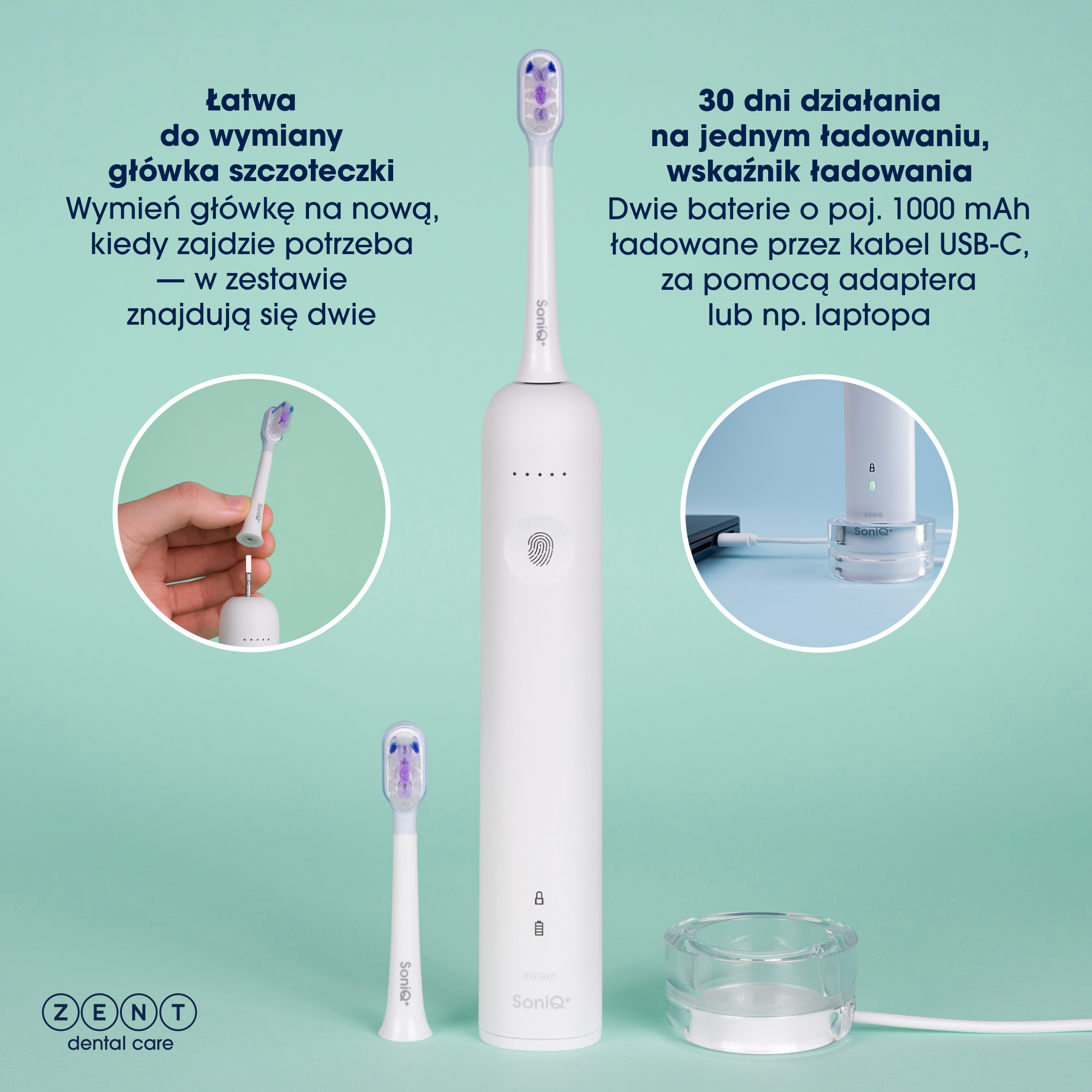 Biała elektryczna szczoteczka do zębów z fioletowym włosiem, dodatkową główką i wskaźnikiem ładowania. Kabel USB-C.