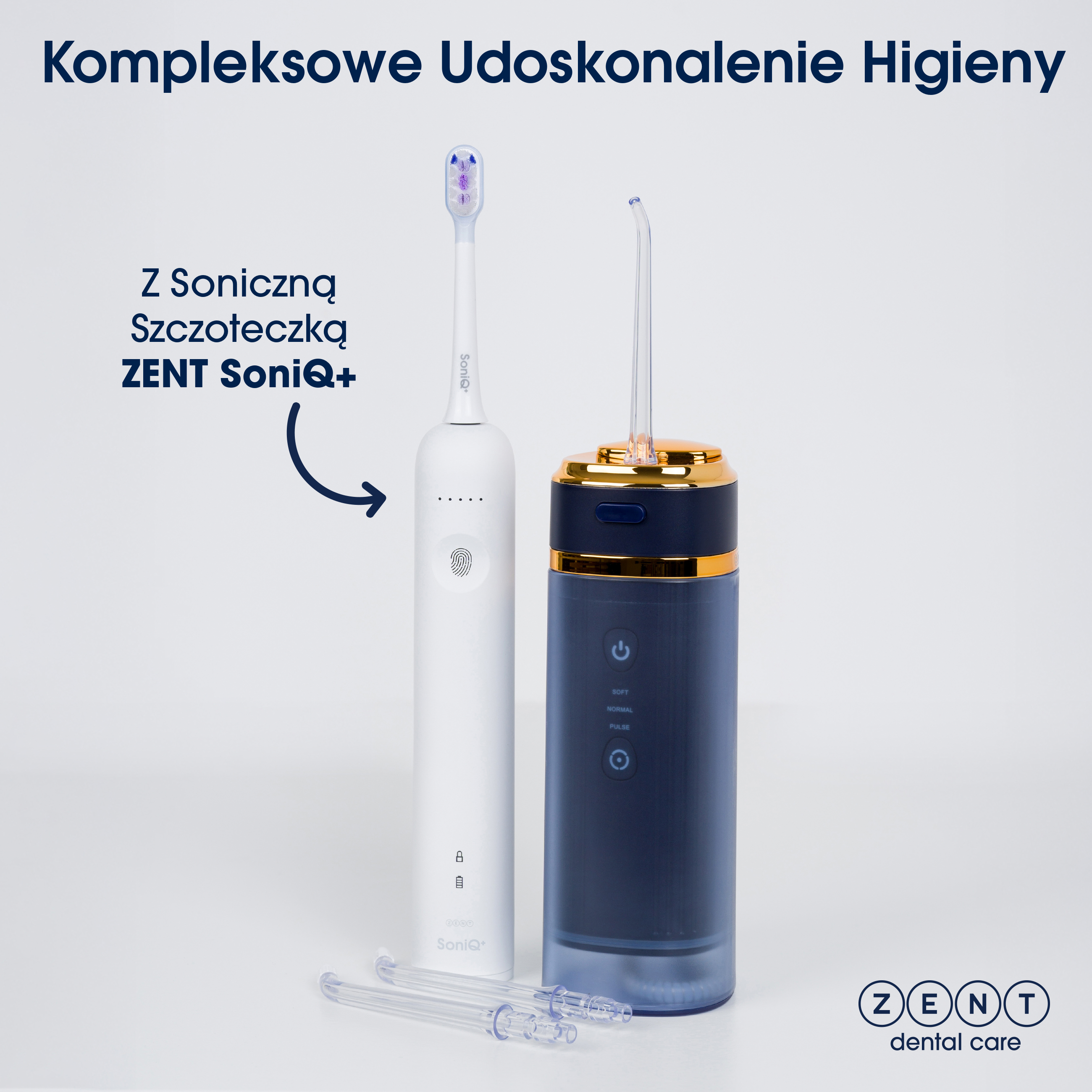 Obraz przedstawia białą elektryczną szczoteczkę do zębów i niebieski irygator. Tekst mówi: Kompleksowe Udoskonalenie Higieny.
