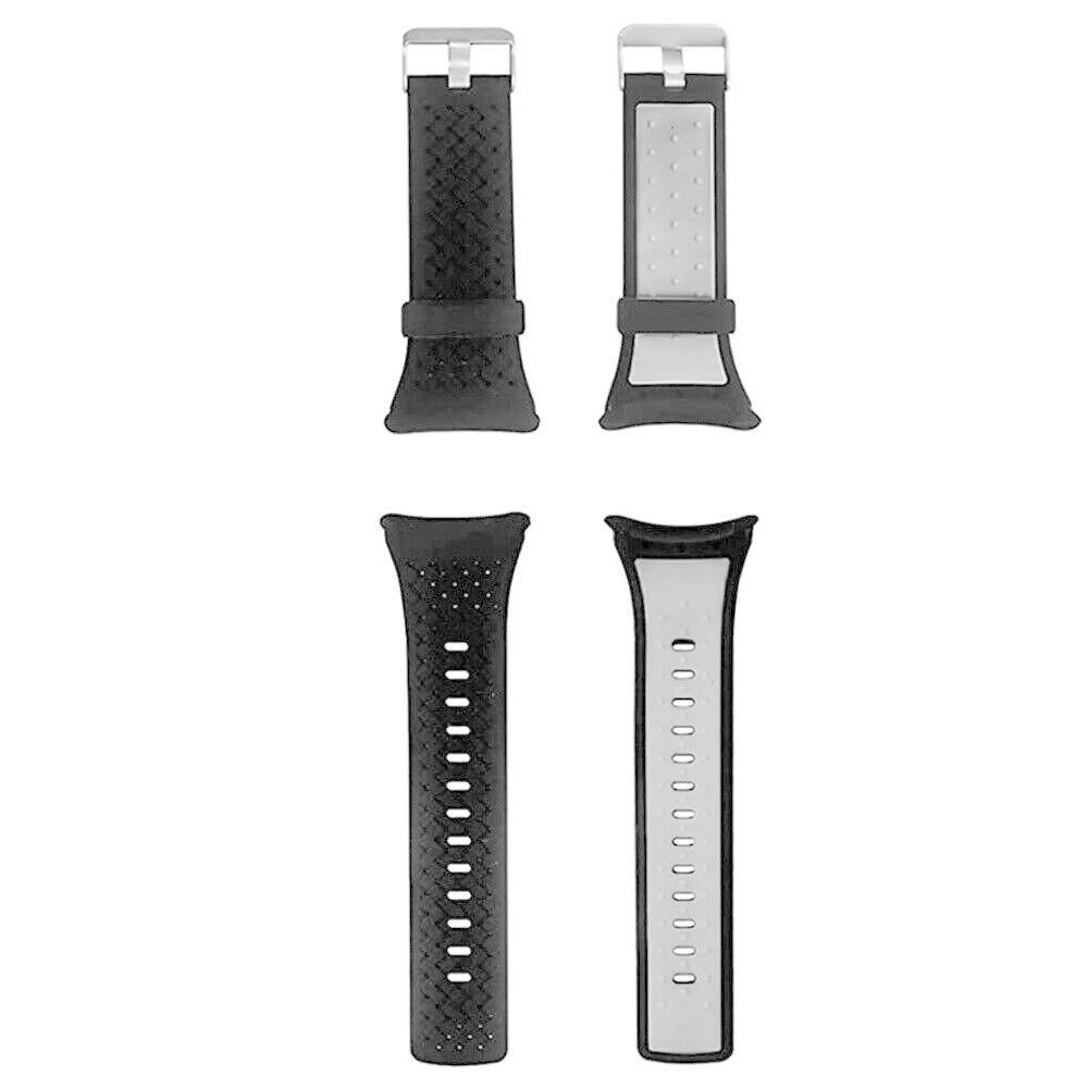 Vier schwarze und graue Uhrenarmbänder sind vertikal angeordnet. Zwei befinden sich oben, zwei unten. Zwei haben Löcher, zwei haben Kerben.