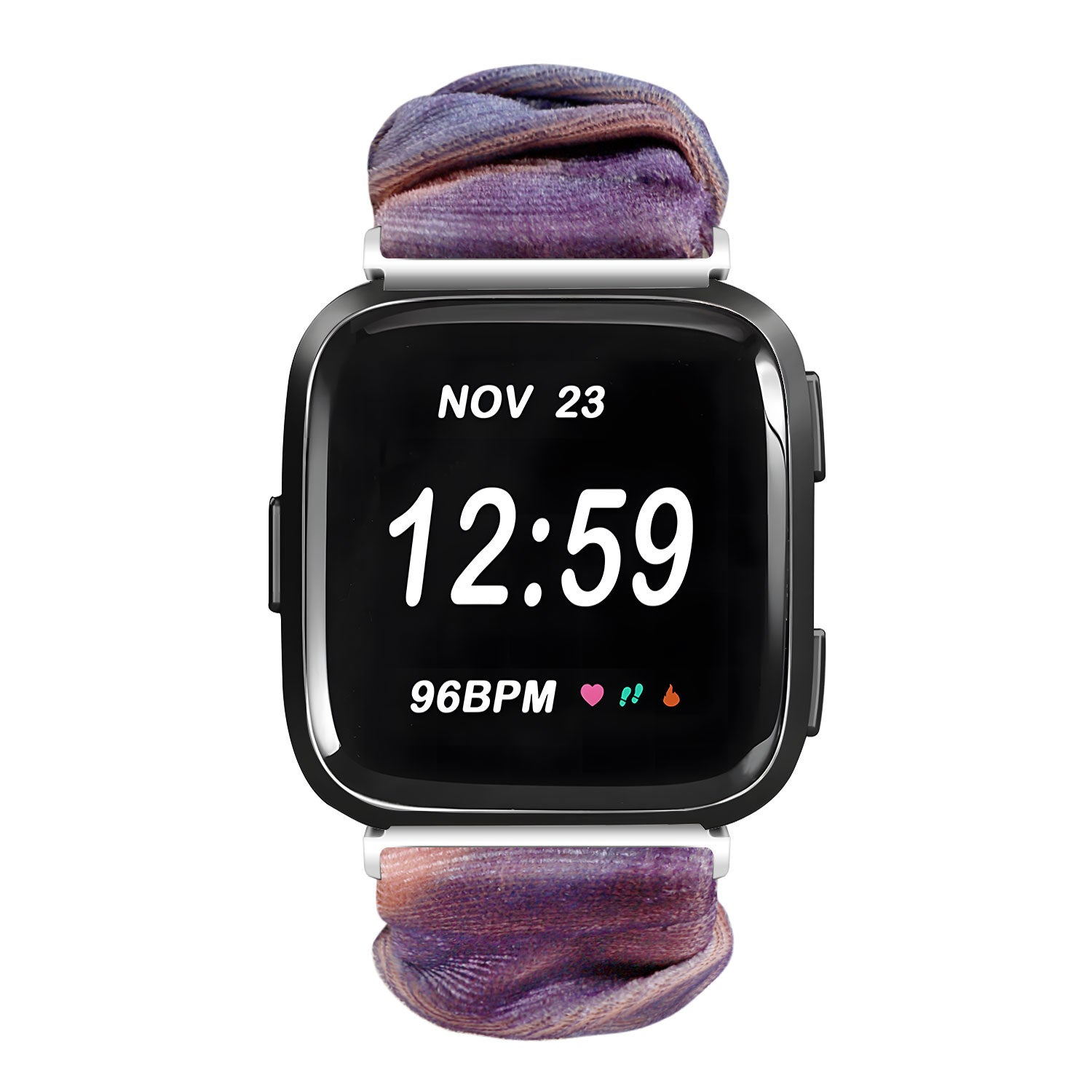Eine schwarze Smartwatch mit der Anzeige 'NOV 23 12:59' und 96BPM. Sie hat ein gemustertes Armband mit lila und braunen Farbtönen vor weißem Hintergrund.