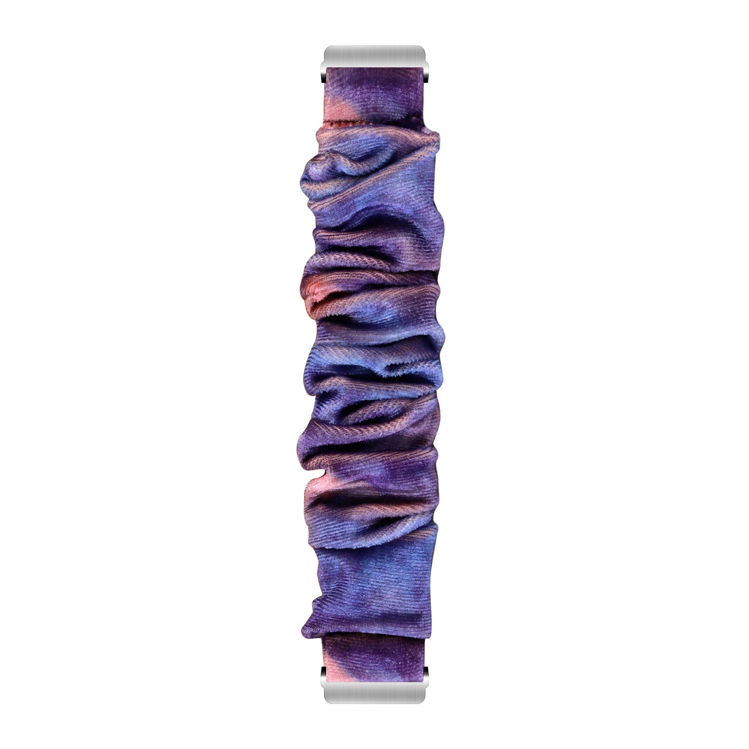 Ein vertikales Uhrenarmband mit plissiertem Stoff in Lila-, Rosa- und Blautönen, befestigt an silbernen Metallverbindern.