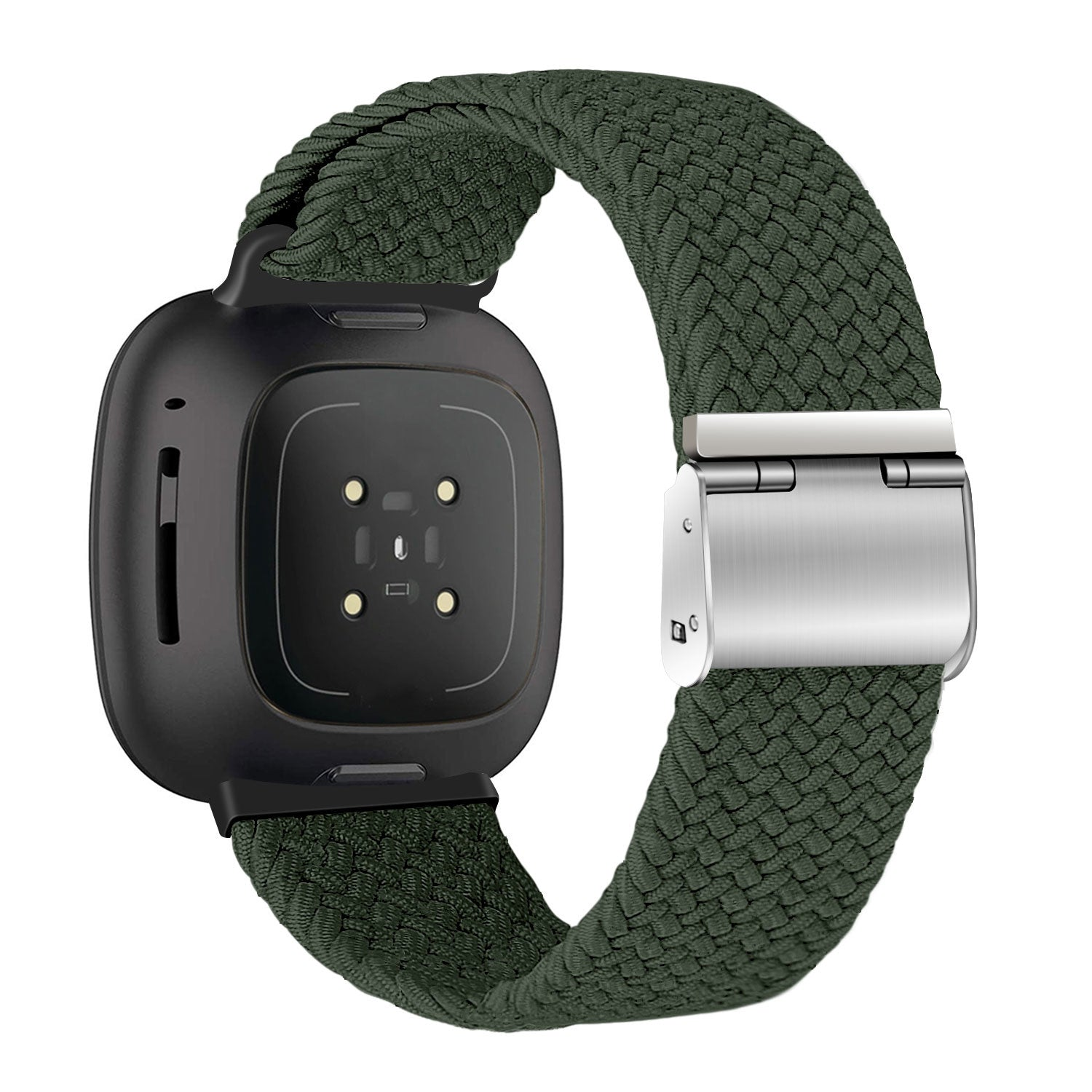 Eine schwarze Smartwatch mit grünem geflochtenem Armband. Das Armband hat einen silbernen Verschluss. Das Zifferblatt zeigt Sensoren.