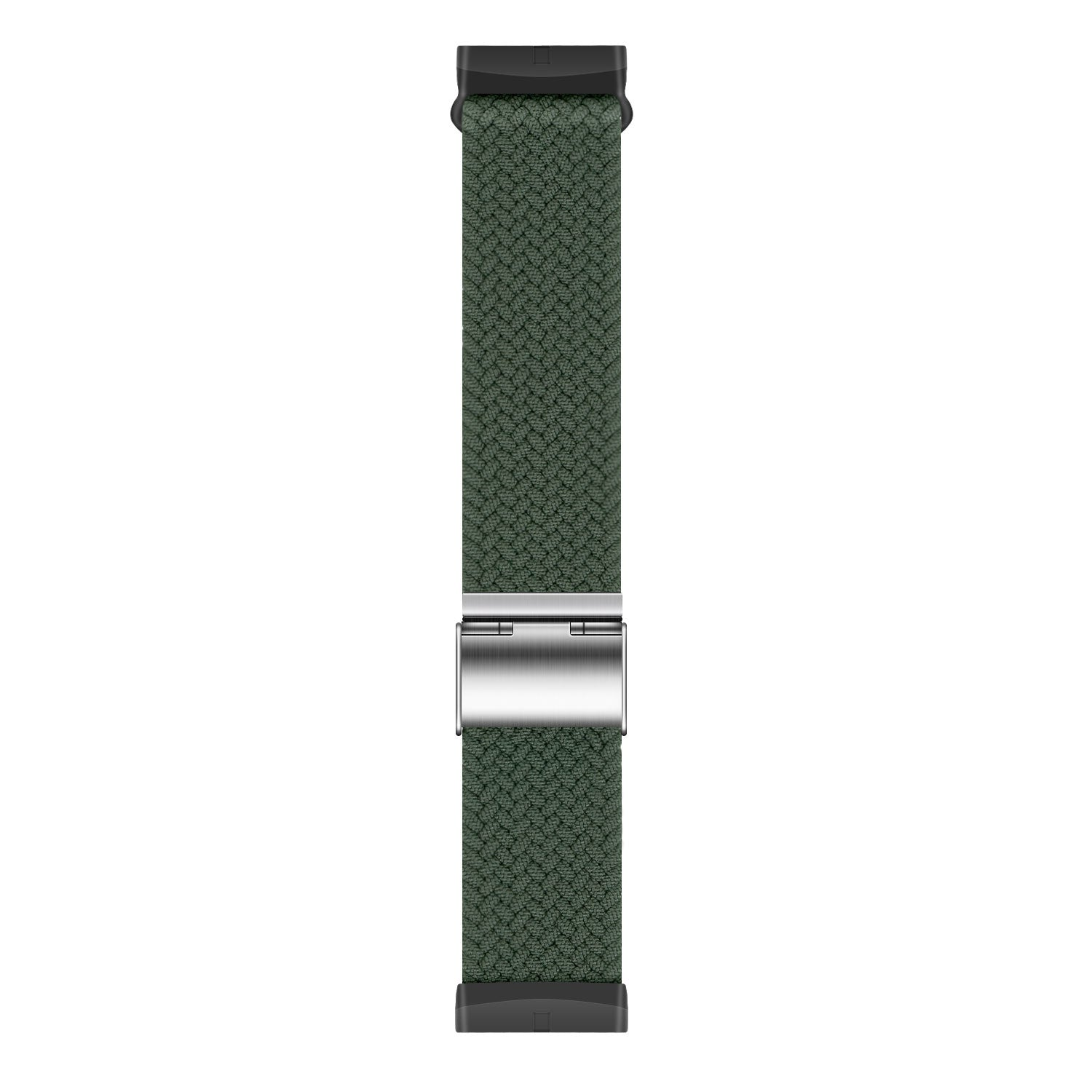 Ein Uhrenarmband mit grünem Webmuster und silberner Schließe. Die Enden sind schwarz und verbinden das Band mit dem Zifferblatt.