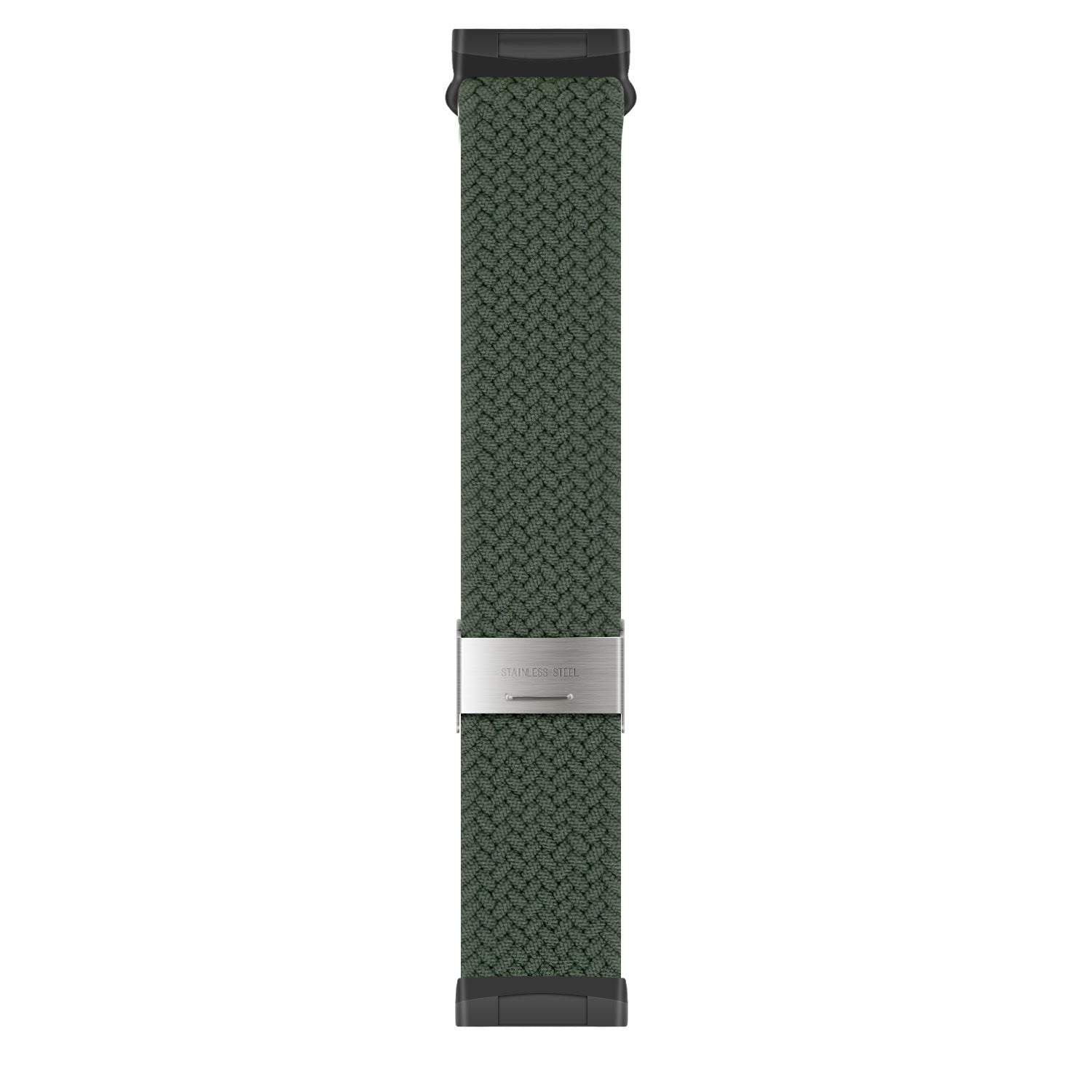 Ein grünes, geflochtenes Uhrenarmband mit schwarzen Anschlüssen und einer Edelstahlschnalle. Das Armband ist vertikal zentriert.