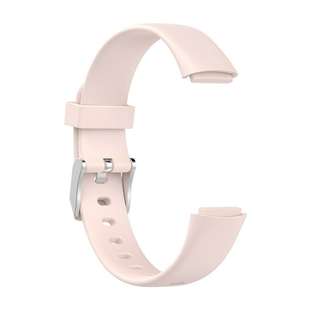 Ein hellrosa Uhrenarmband mit silberner Schnalle. Es ist C-förmig vor weißem Hintergrund und zeigt Details.