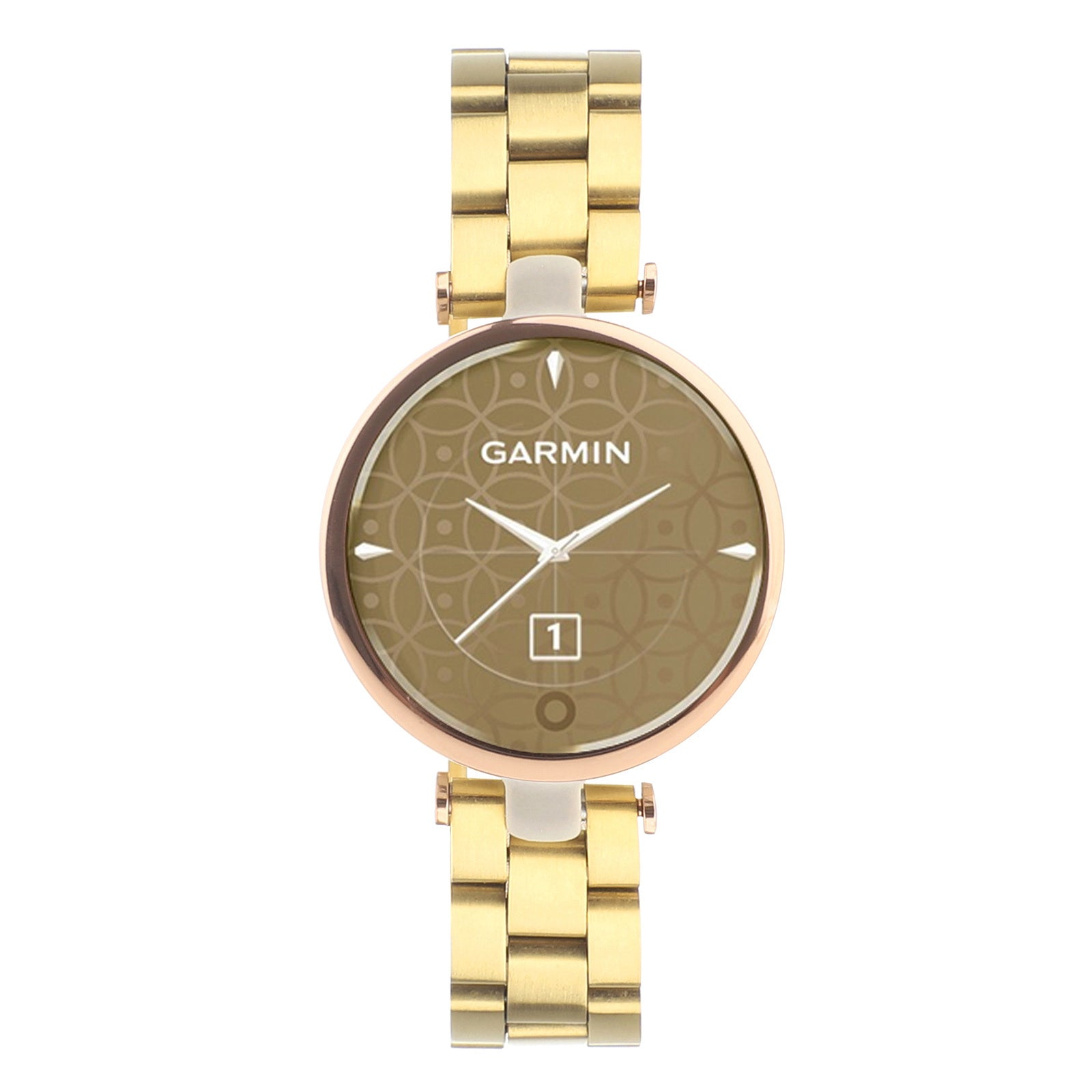Goldene Garmin-Uhr mit braunem Zifferblatt, weißen Zeigern und Datumsfenster. Das Armband ist goldfarben.