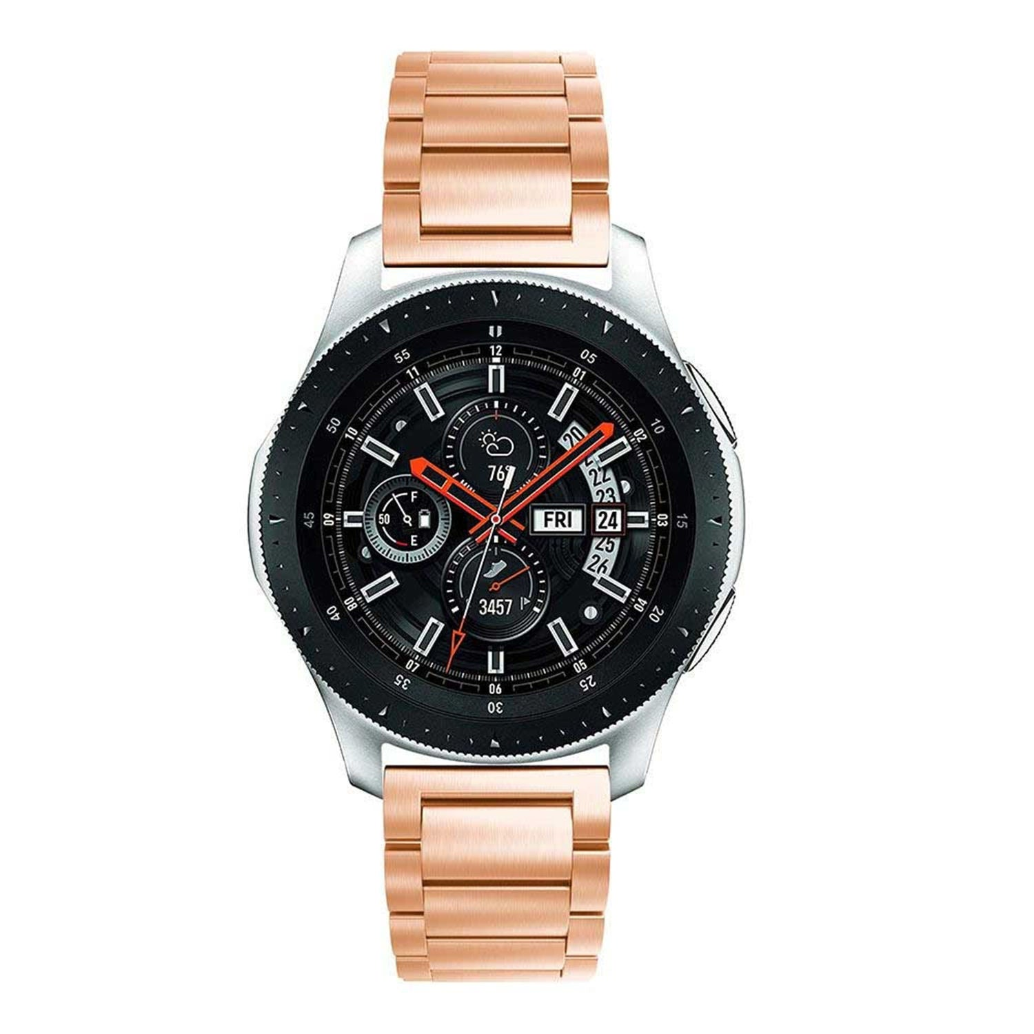 Eine roségoldene Smartwatch mit schwarzem Display, das Zeit, Datum und andere Funktionen anzeigt. Das Armband ist ebenfalls roségoldfarben, vor weißem Hintergrund.