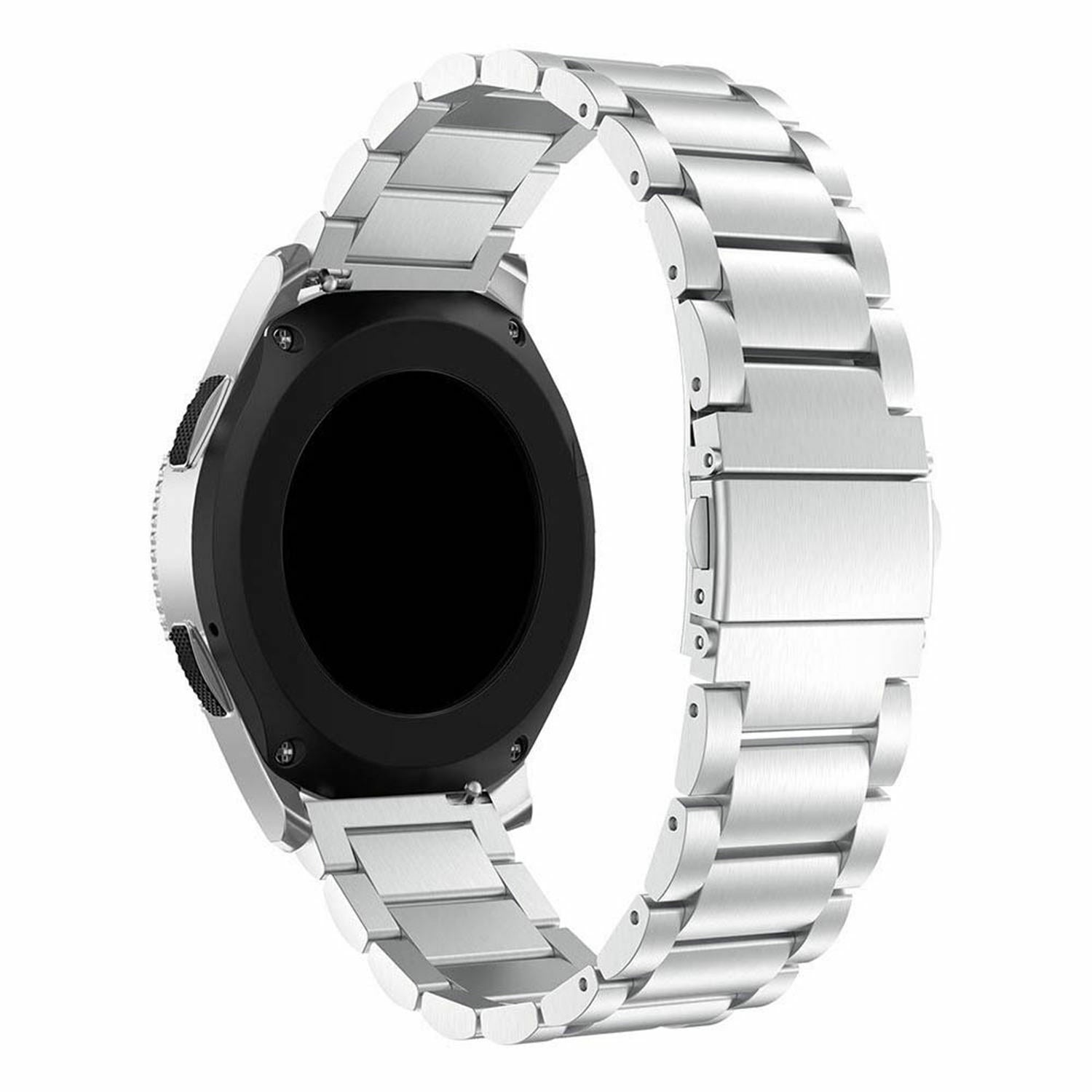 Eine silberne Smartwatch mit Metallband. Das Zifferblatt ist schwarz. Das Armband besteht aus verbundenen rechteckigen Gliedern.