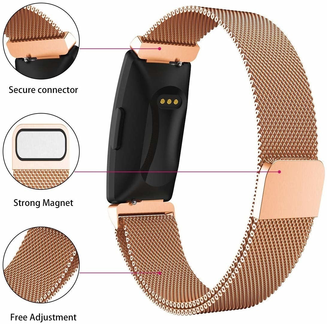 Ein roségoldenes Smartwatch-Armband mit schwarzem Tracker. Merkmale sind ein sicherer Verbinder, starker Magnet und freie Einstellung.