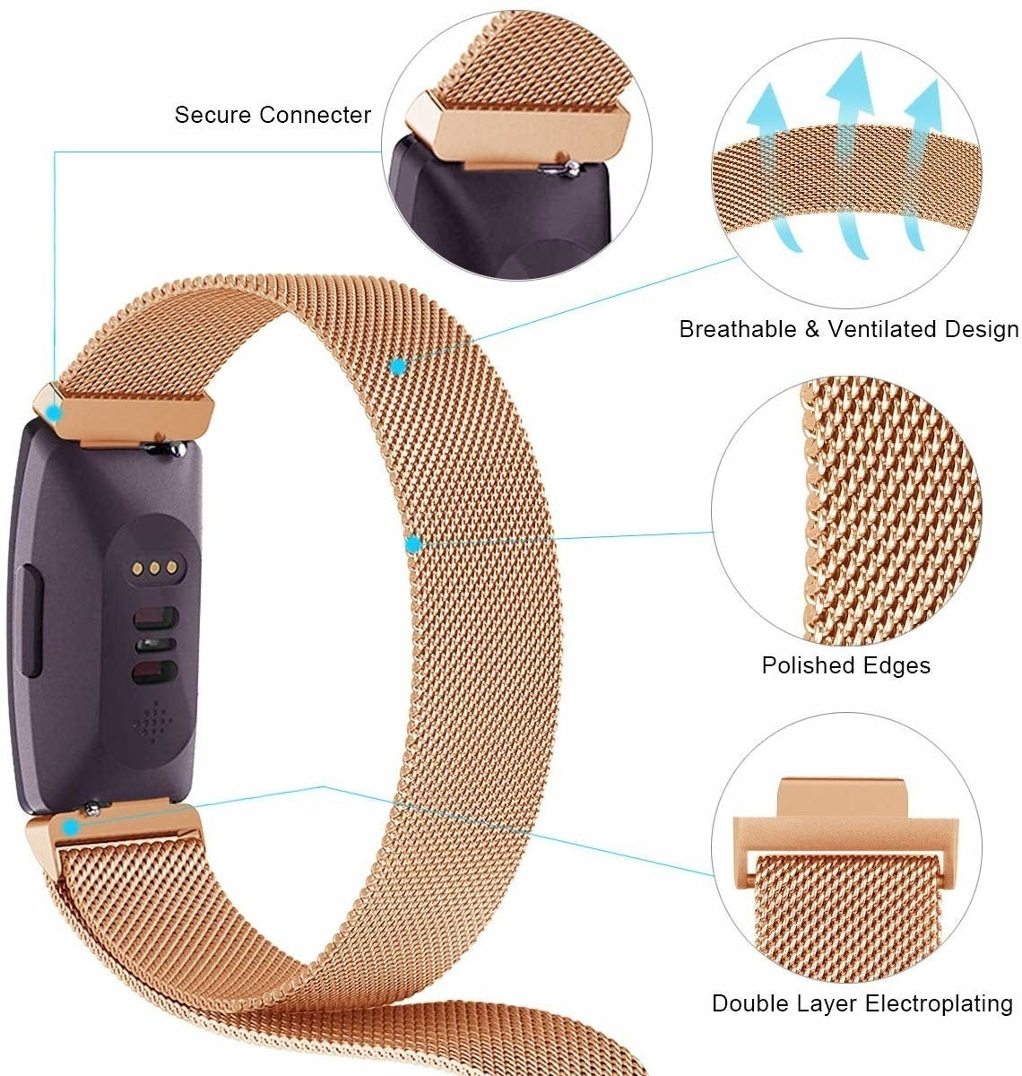 Ein roségoldenes Mesh-Smartwatch-Armband. Detaillierte Nahaufnahmen zeigen Funktionen wie polierte Kanten und atmungsaktives Design.