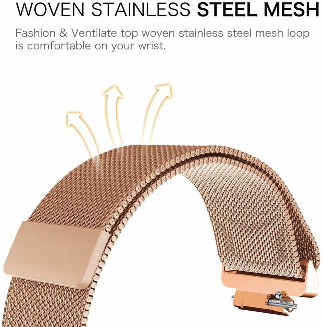Ein roségoldenes Uhrenarmband aus gewebtem Edelstahlgewebe. Pfeile zeigen nach oben. Der Text lautet "WOVEN STAINLESS STEEL MESH".
