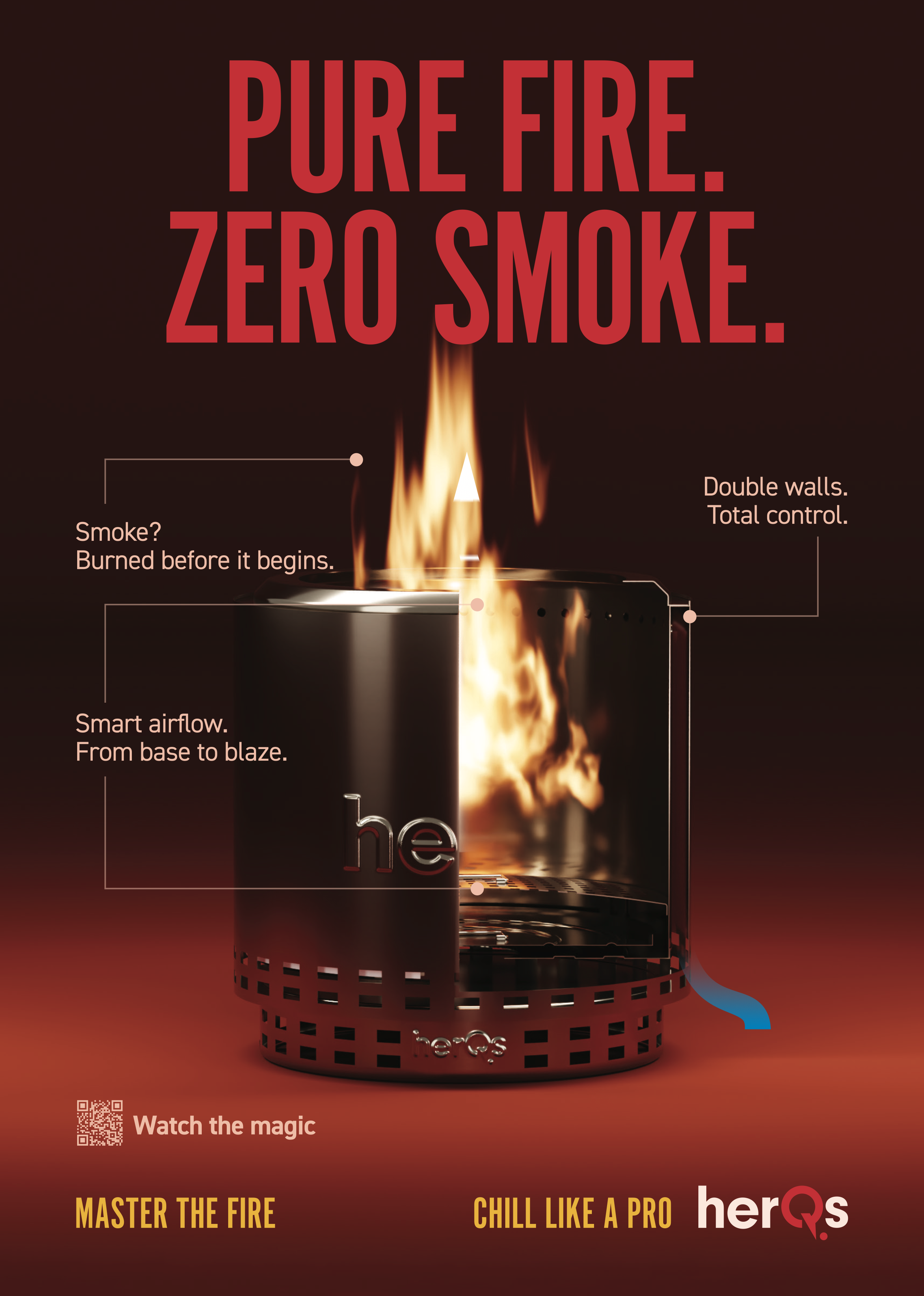Advertentie toont een vuurkorf met vlammen, tekst 'PURE FIRE. ZERO SMOKE.' en andere details.