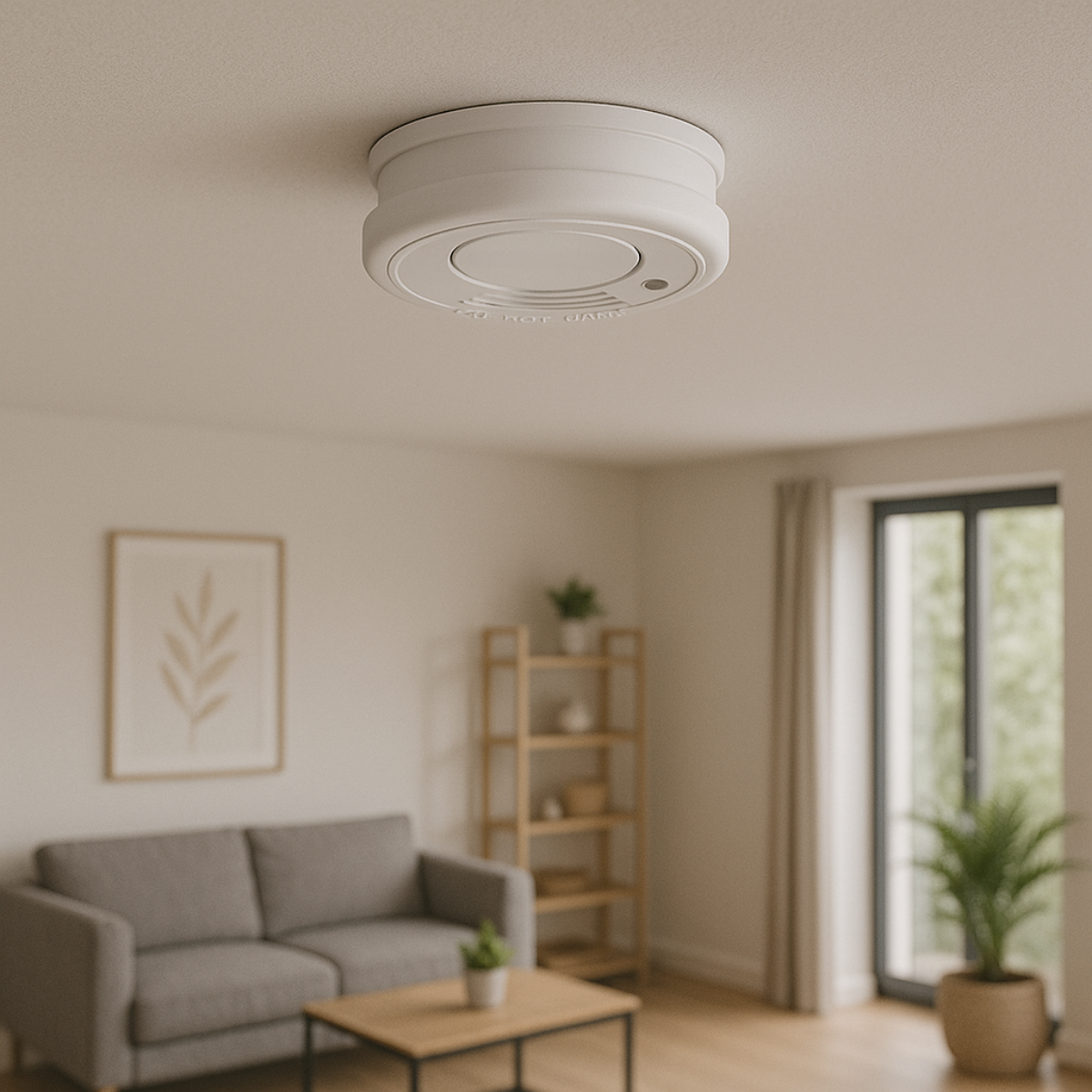 Ein weißer Rauchmelder ist an einer beigefarbenen Decke befestigt. Im Hintergrund ein Wohnzimmer mit grauem Sofa, Holztisch und Pflanzen.