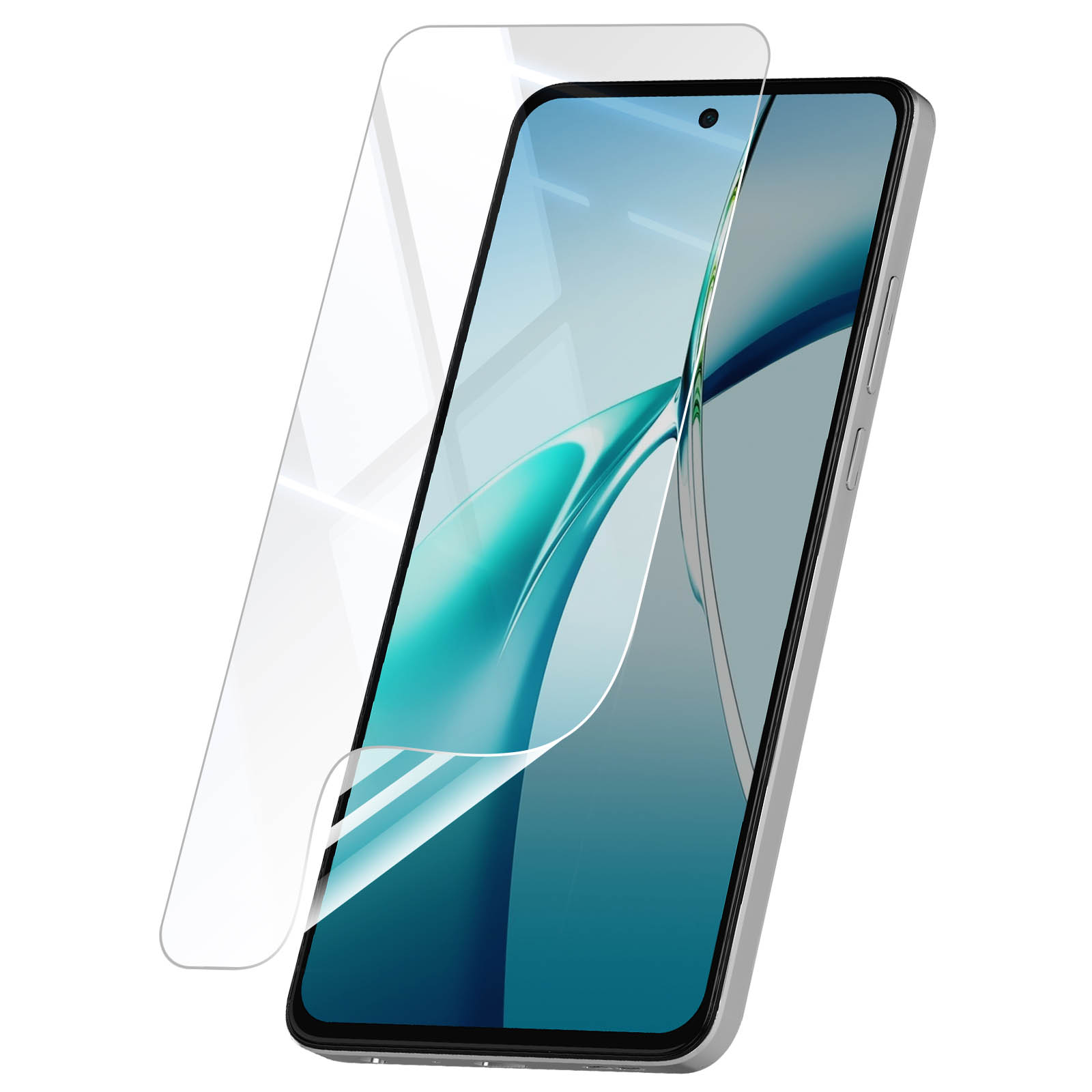 Uno smartphone argentato con una protezione per lo schermo. Lo schermo mostra una sfumatura blu e verde. Sfondo bianco.