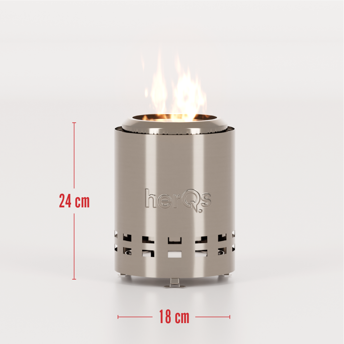 A silver fire pit with flames. It has the brand name 'herQs'. Dimensions shown: 24 cm high, 18 cm wide.