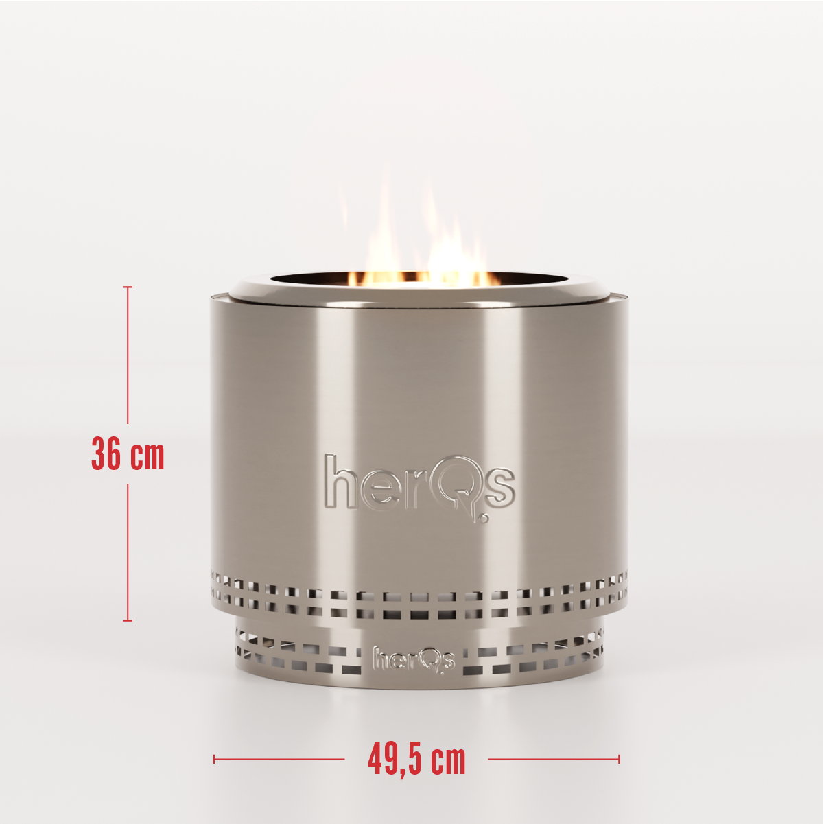 A silver fire pit with flames, labeled 'herQs'. Dimensions are noted as 36 cm high and 49.5 cm wide. Set against a white backdrop.