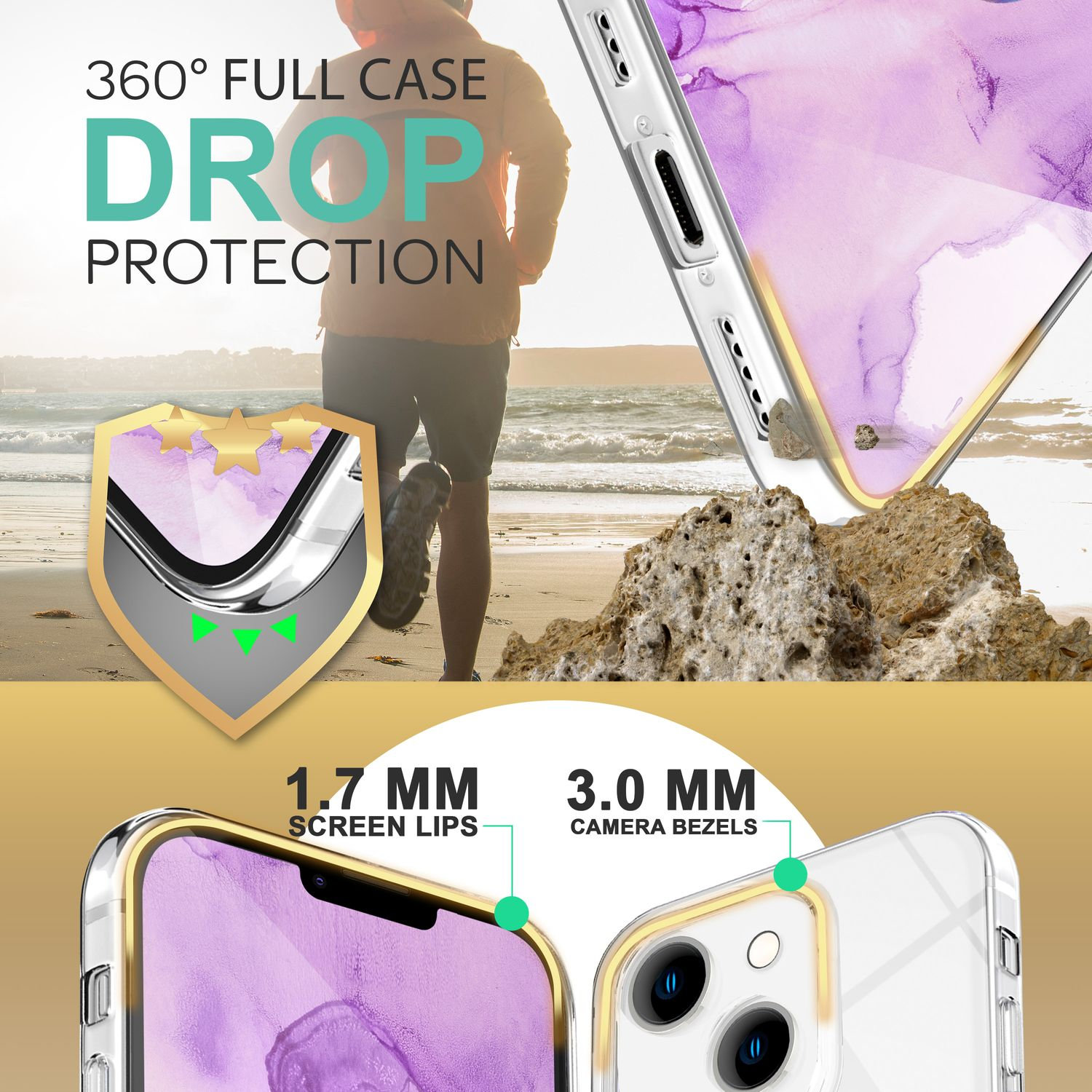 Una funda para teléfono con borde dorado. Una persona corre por la playa. El texto dice protección contra caídas de 360°.