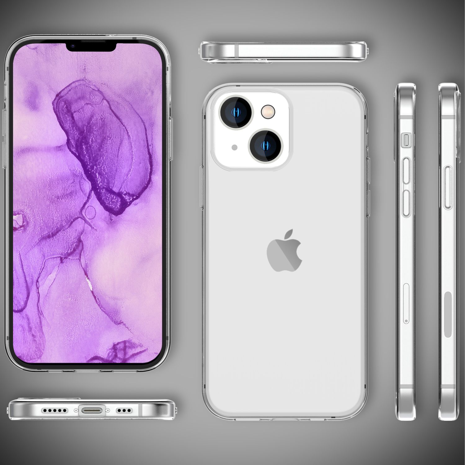 iPhone en una funda transparente, varios ángulos. Pantalla muestra arte abstracto morado. Marco plateado, logo Apple atrás, cámara.