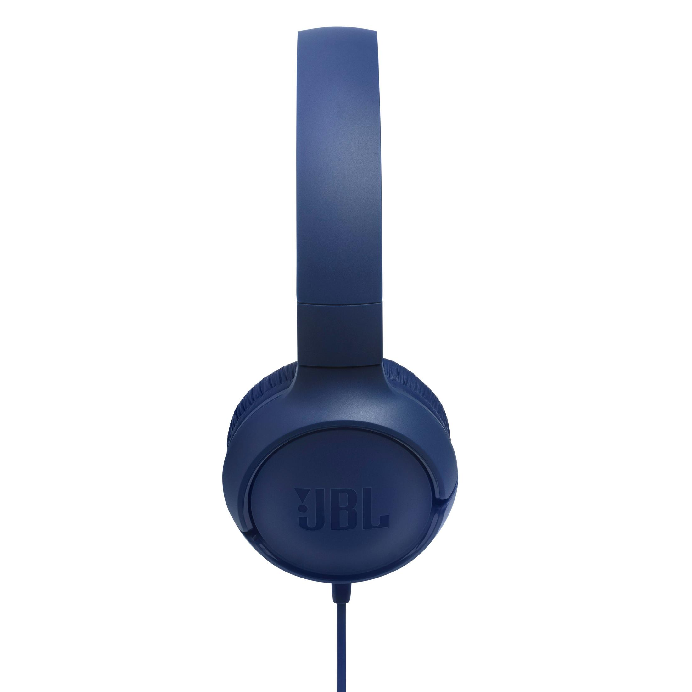 Blue JBL headphones on a white background. They are over-ear headphones with a connecting wire.