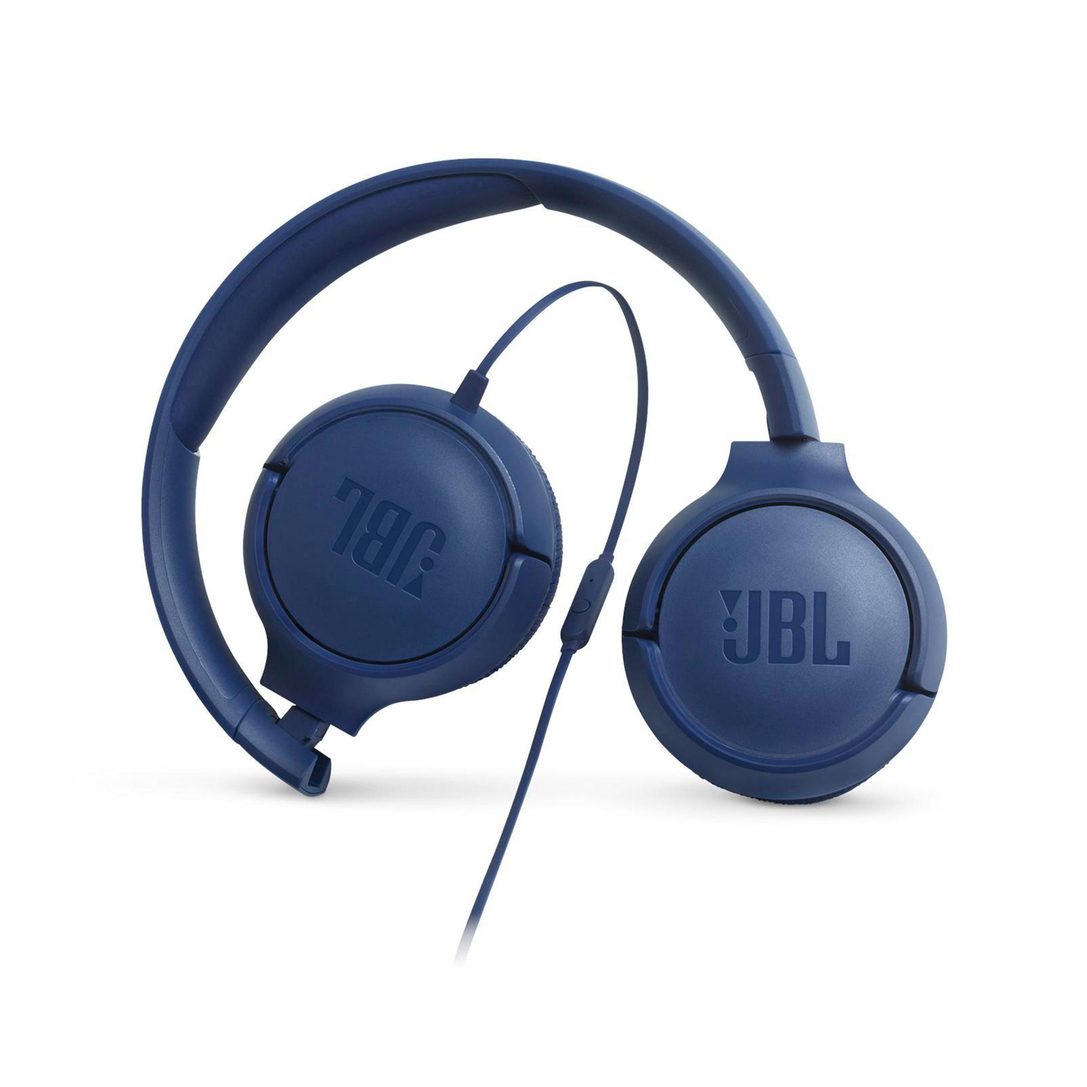 Blue JBL headphones on a white background. The headphones are over-ear style, connected by a cable.