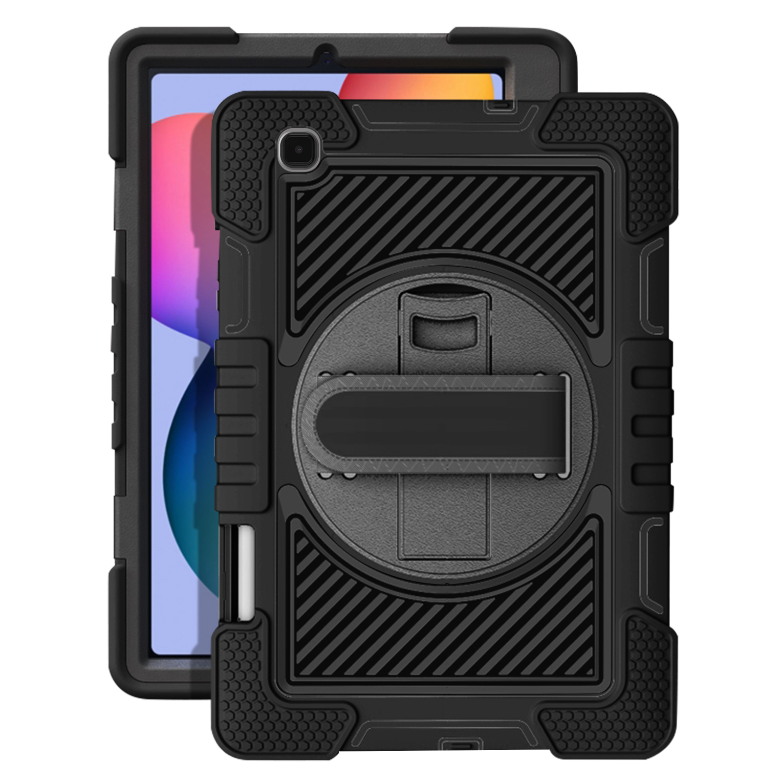 Tablet nero in una custodia robusta. La custodia ha un cinturino e un supporto. Il display mostra un'immagine colorata.