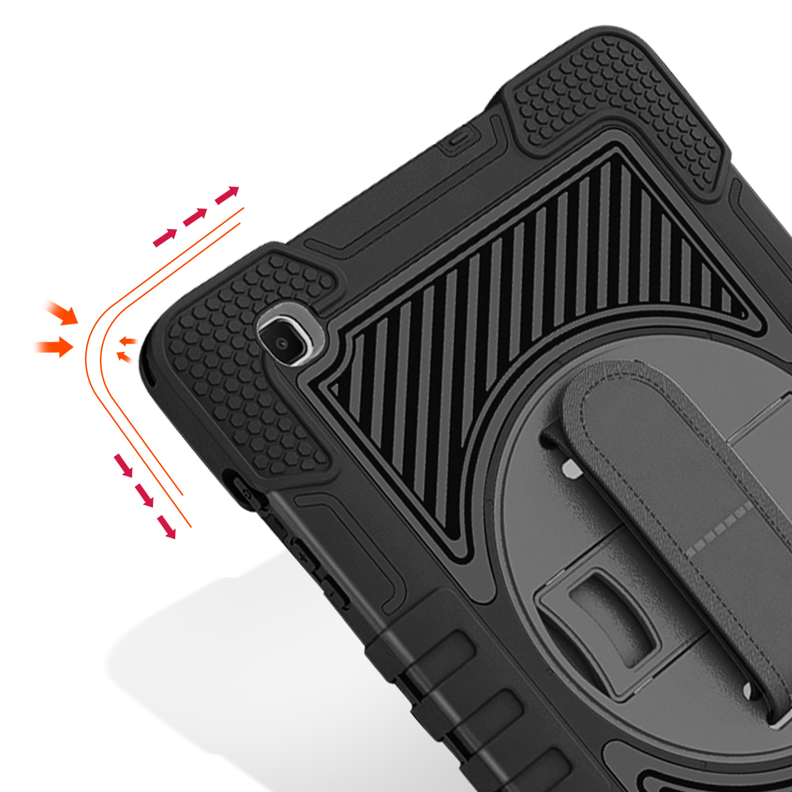 Custodia nera per tablet con design strutturato e supporto. Le frecce indicano un flusso di design visivo.